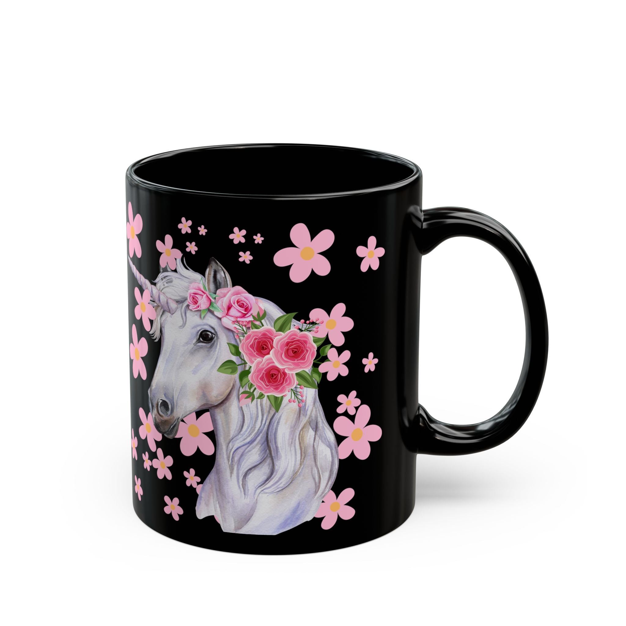 Unicorn Floral Mug — Black Ceramic Coffee Cup with Pink Flowers (11oz, 15oz)