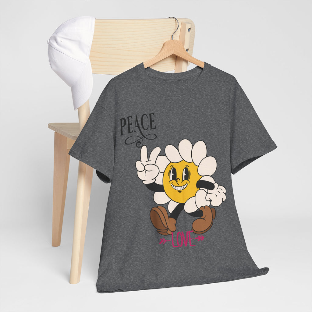 Peace & Love Daisy Character T-Shirt — Retro Smiley Flower Tee