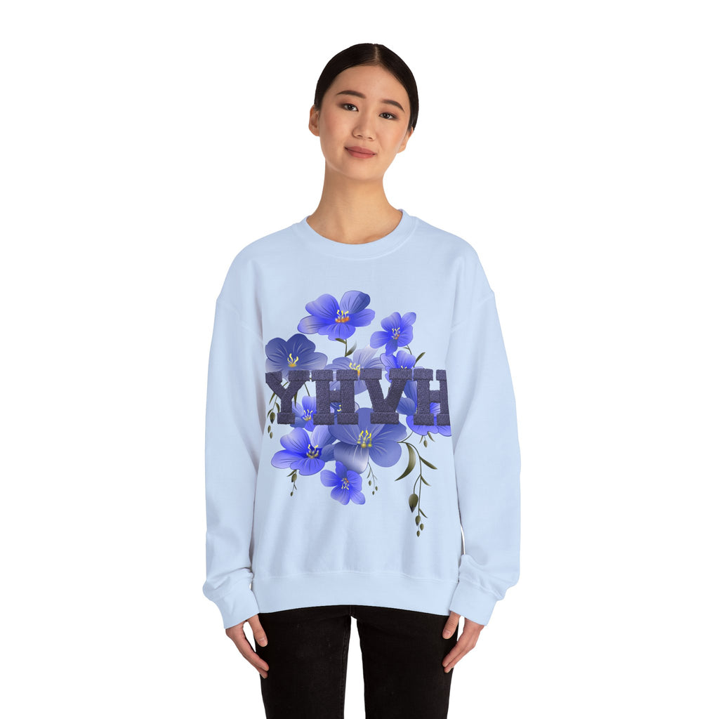 Crewneck Sweatshirt - Blue Violet Floral Graphic with 'KHVH' Lettering