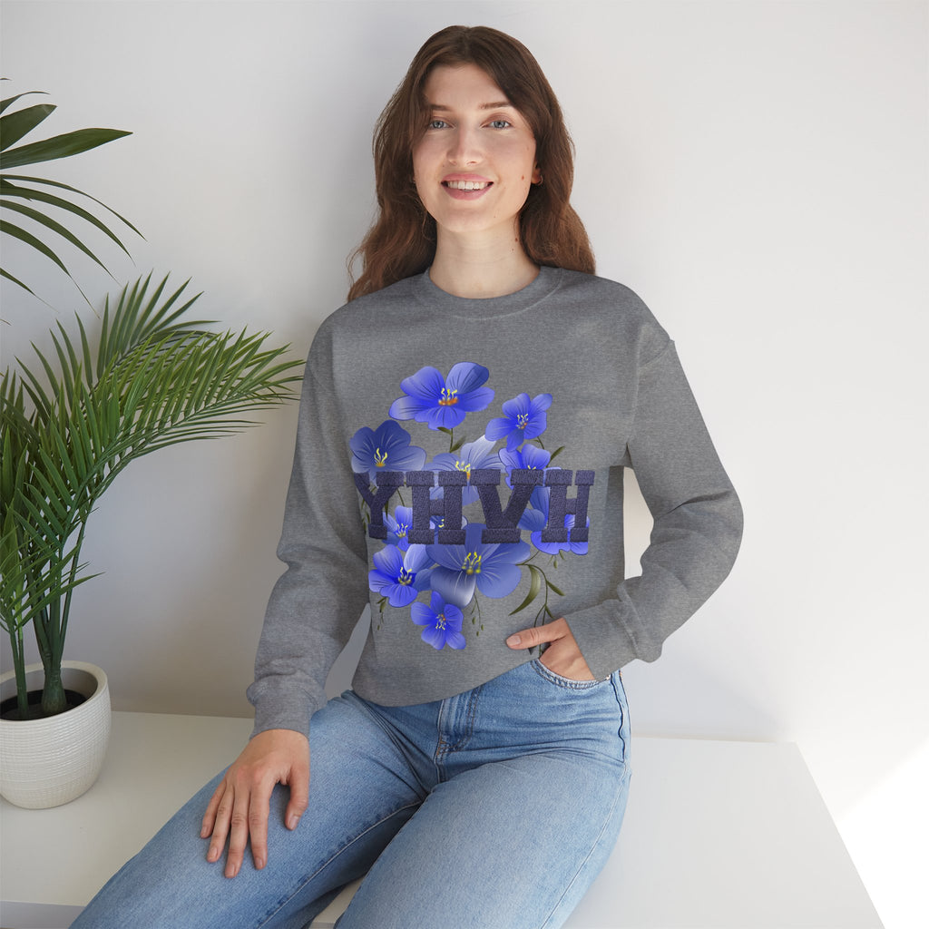 Crewneck Sweatshirt - Blue Violet Floral Graphic with 'KHVH' Lettering