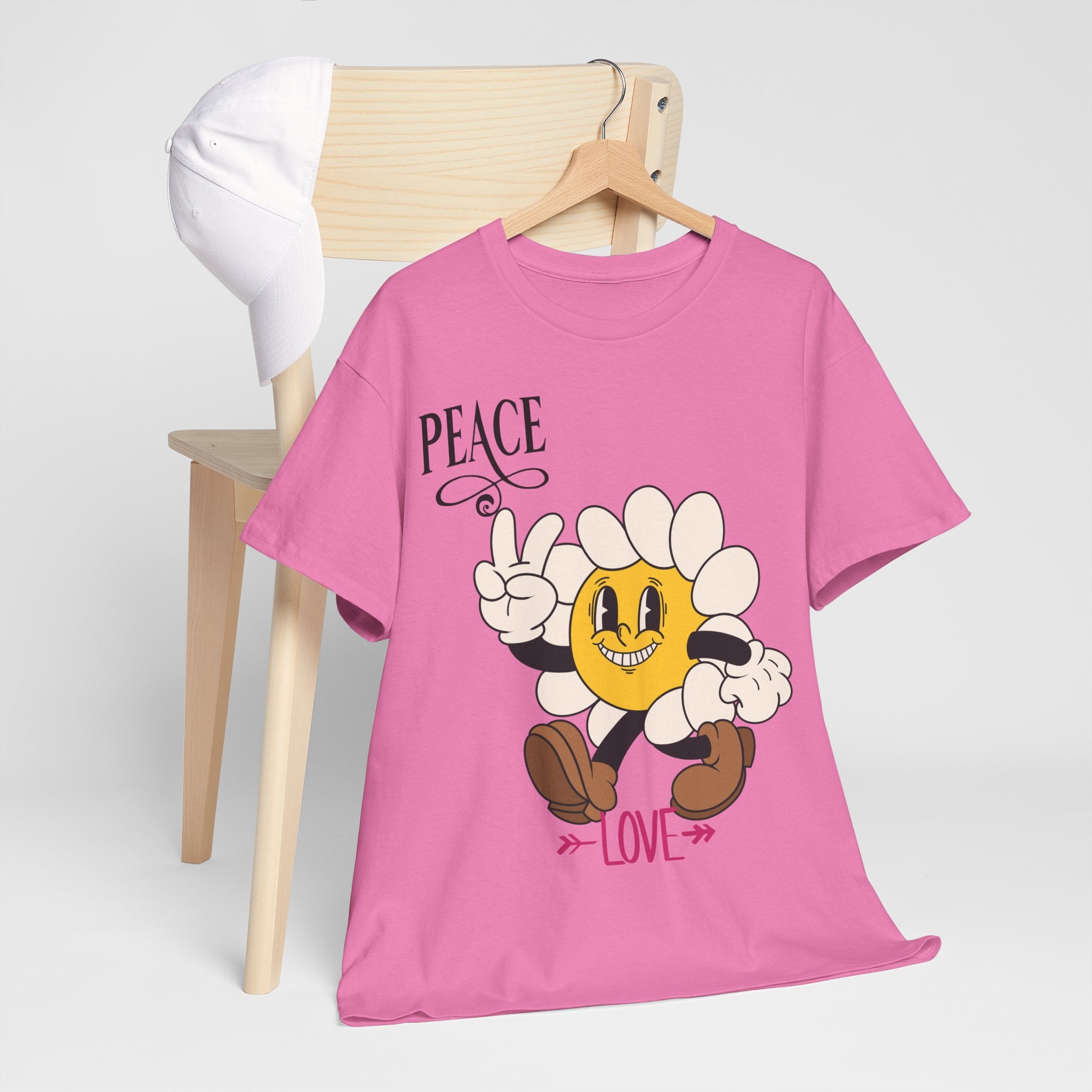 Peace & Love Daisy Character T-Shirt — Retro Smiley Flower Tee