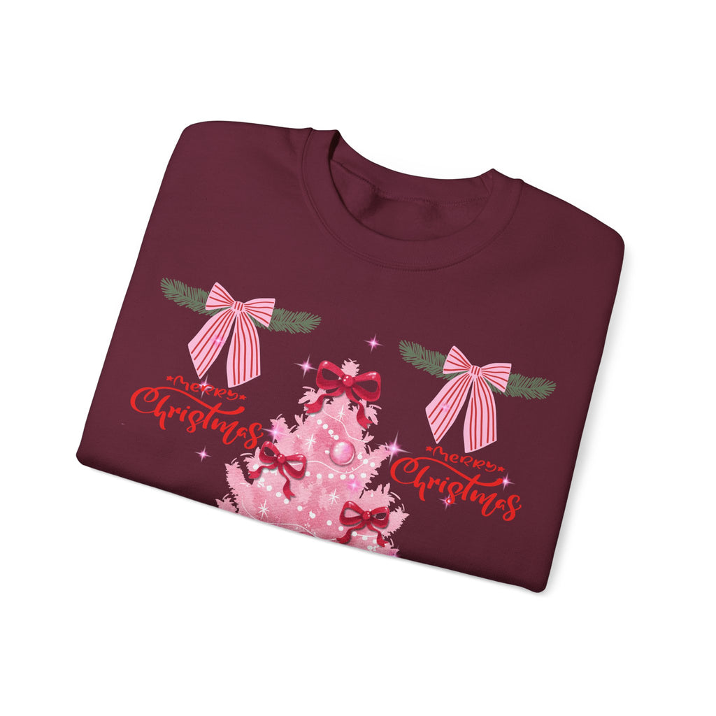 Pink Christmas Tree Sweatshirt — 'Merry Christmas' Bow Holiday Crewneck