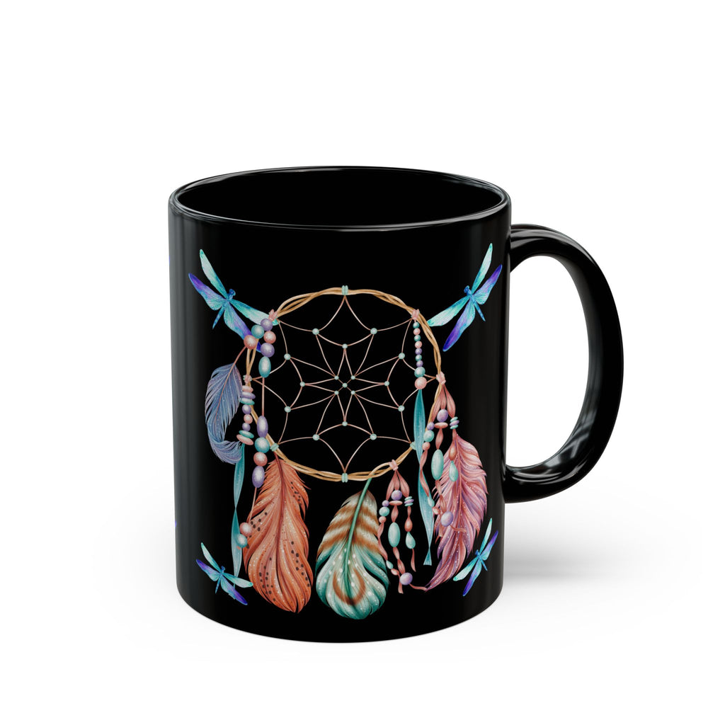 Dreamcatcher Black Mug — Boho Feather & Dragonfly Coffee Cup (11oz/15oz)