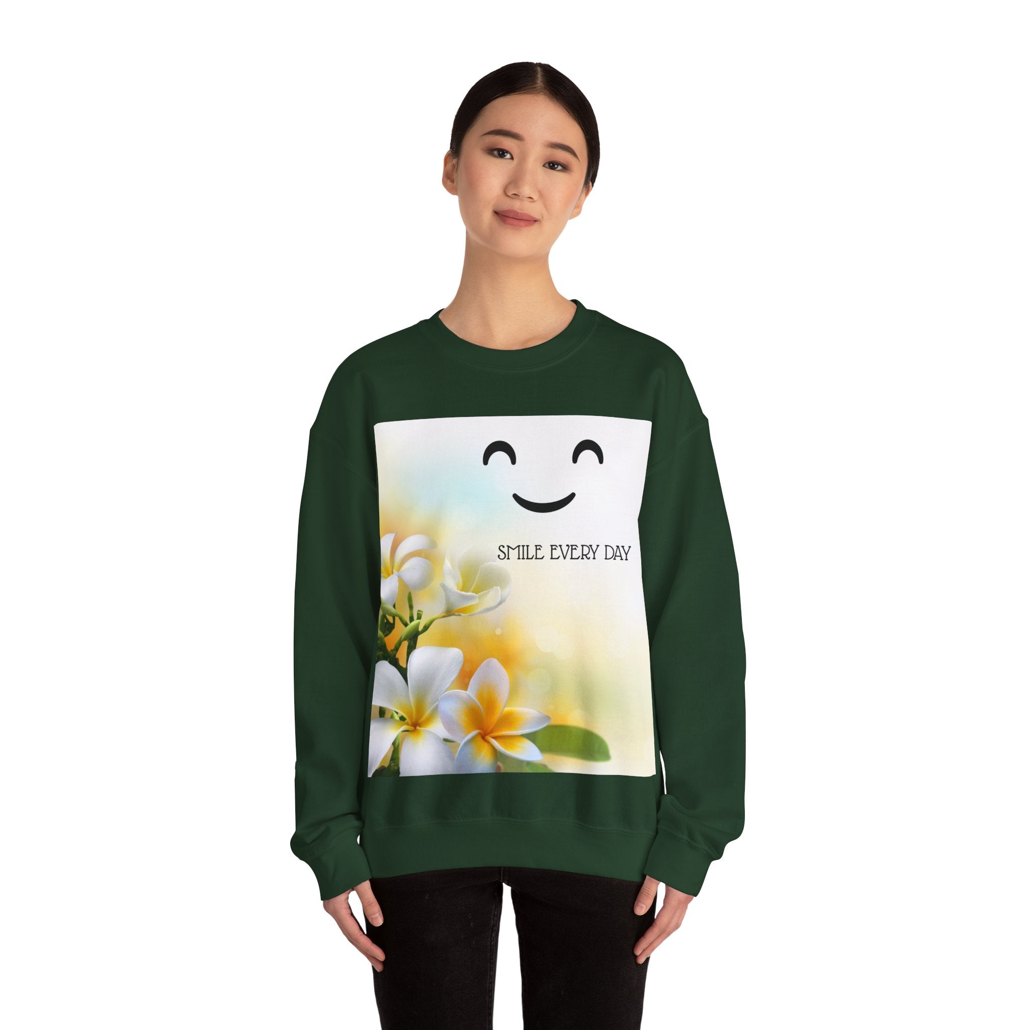 Smile Every Day Crewneck Sweatshirt — Floral Plumeria Happy Face Graphic