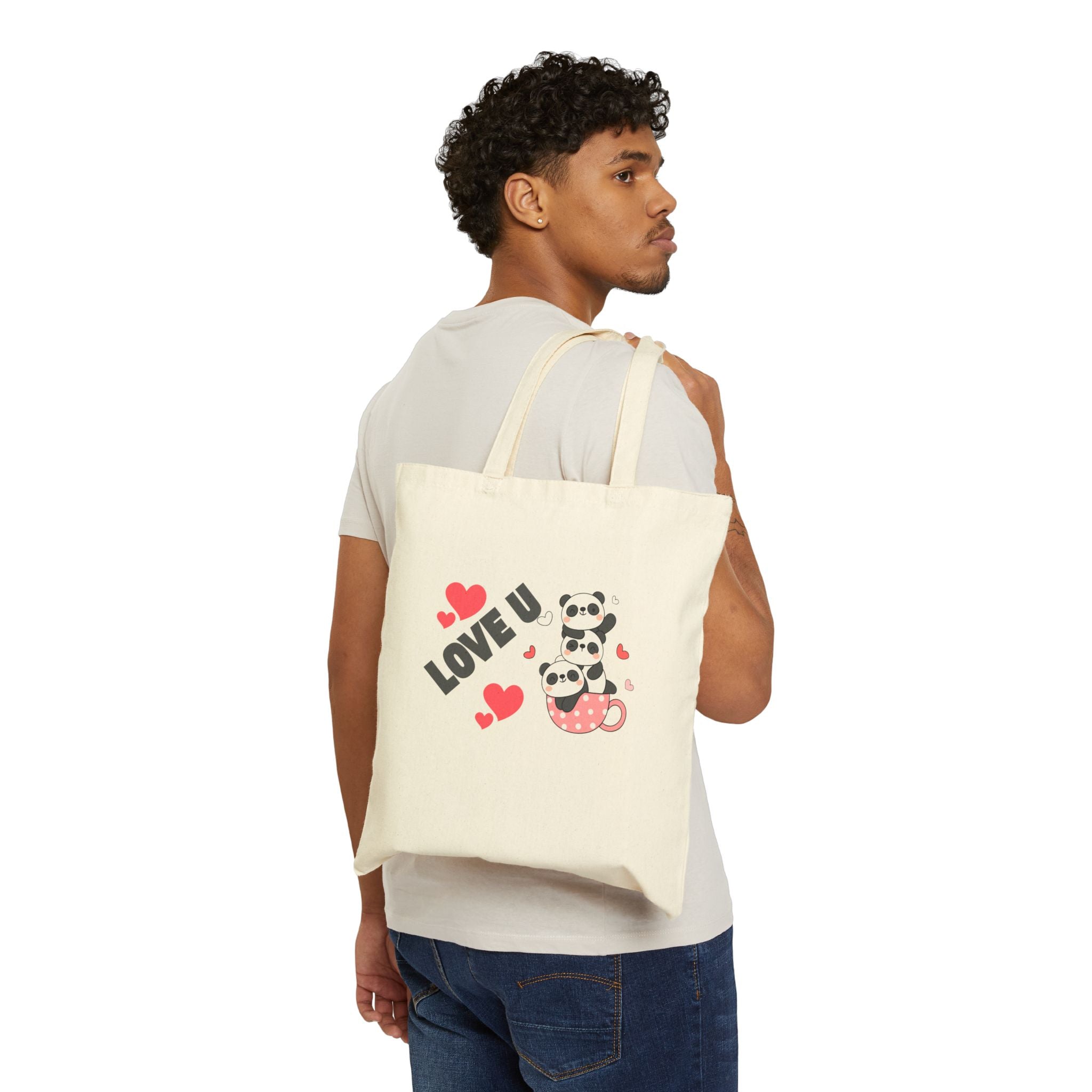Cute Panda Love Canvas Tote Bag, Eco-Friendly Shopping Bag, Valentine's Day Gift, Everyday Carry, Reusable Tote