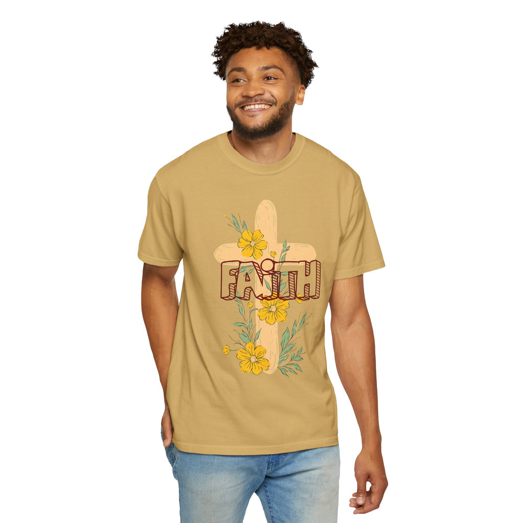 Faith Cross Floral T-Shirt — Christian Inspirational Tee with Yellow Flowers