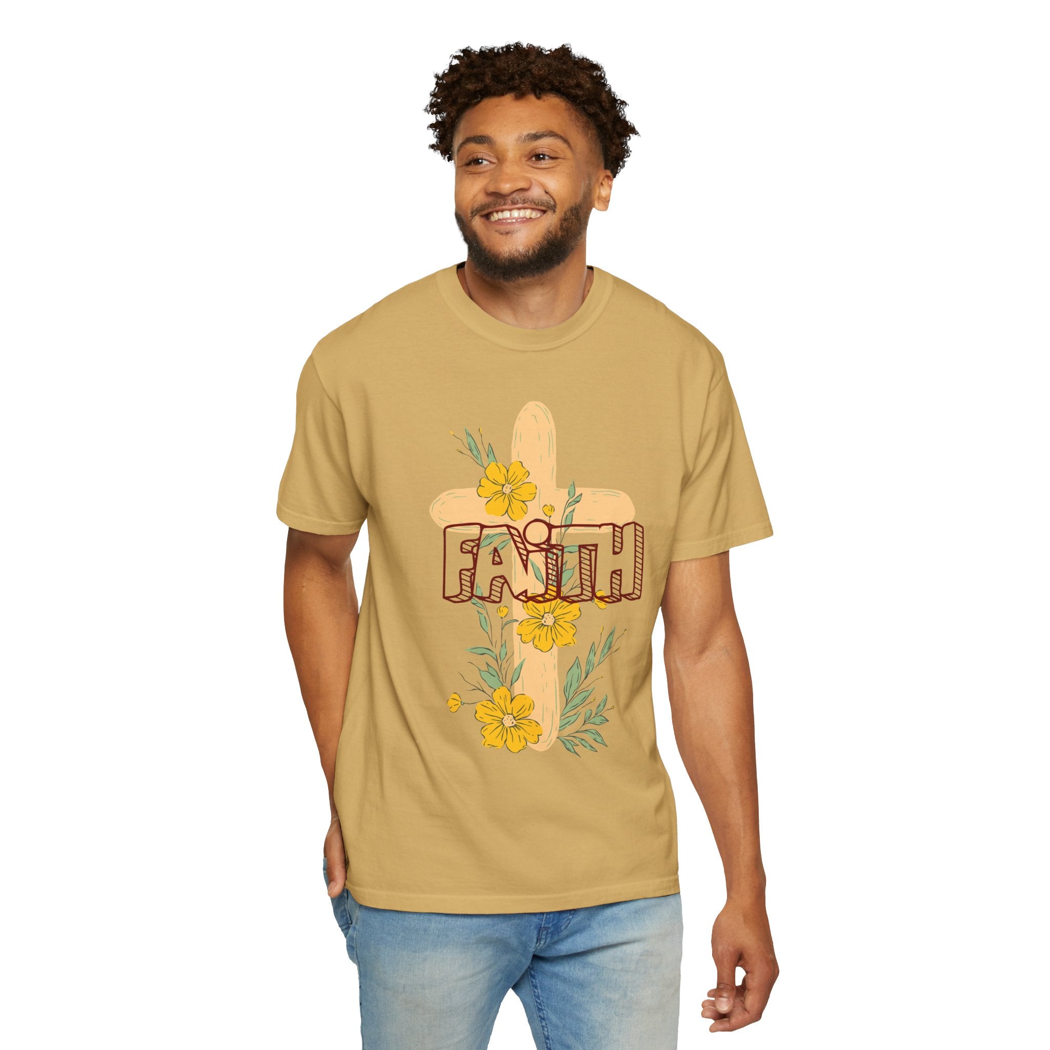 Faith Cross Floral T-Shirt — Christian Inspirational Tee with Yellow Flowers