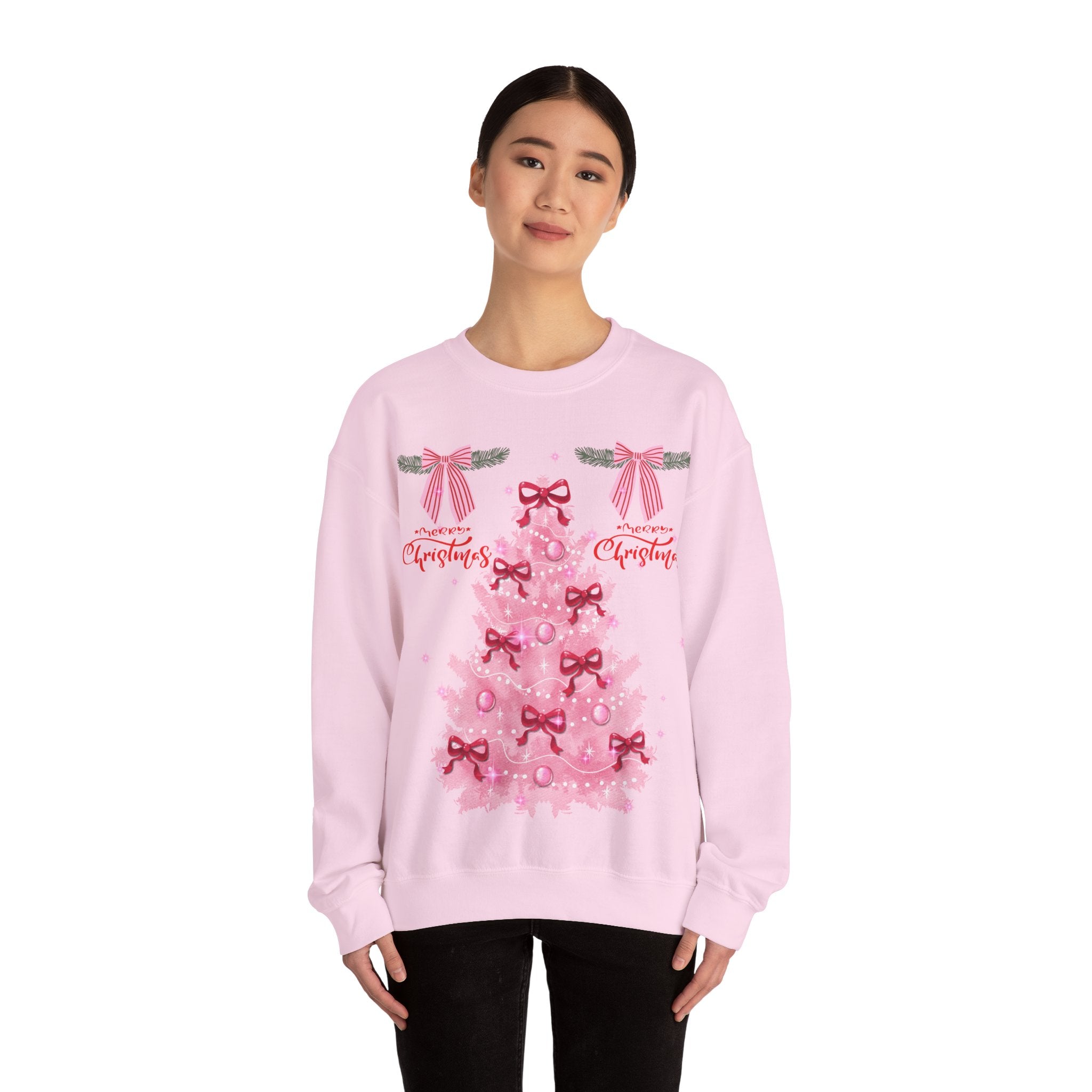 Pink Christmas Tree Sweatshirt — 'Merry Christmas' Bow Holiday Crewneck