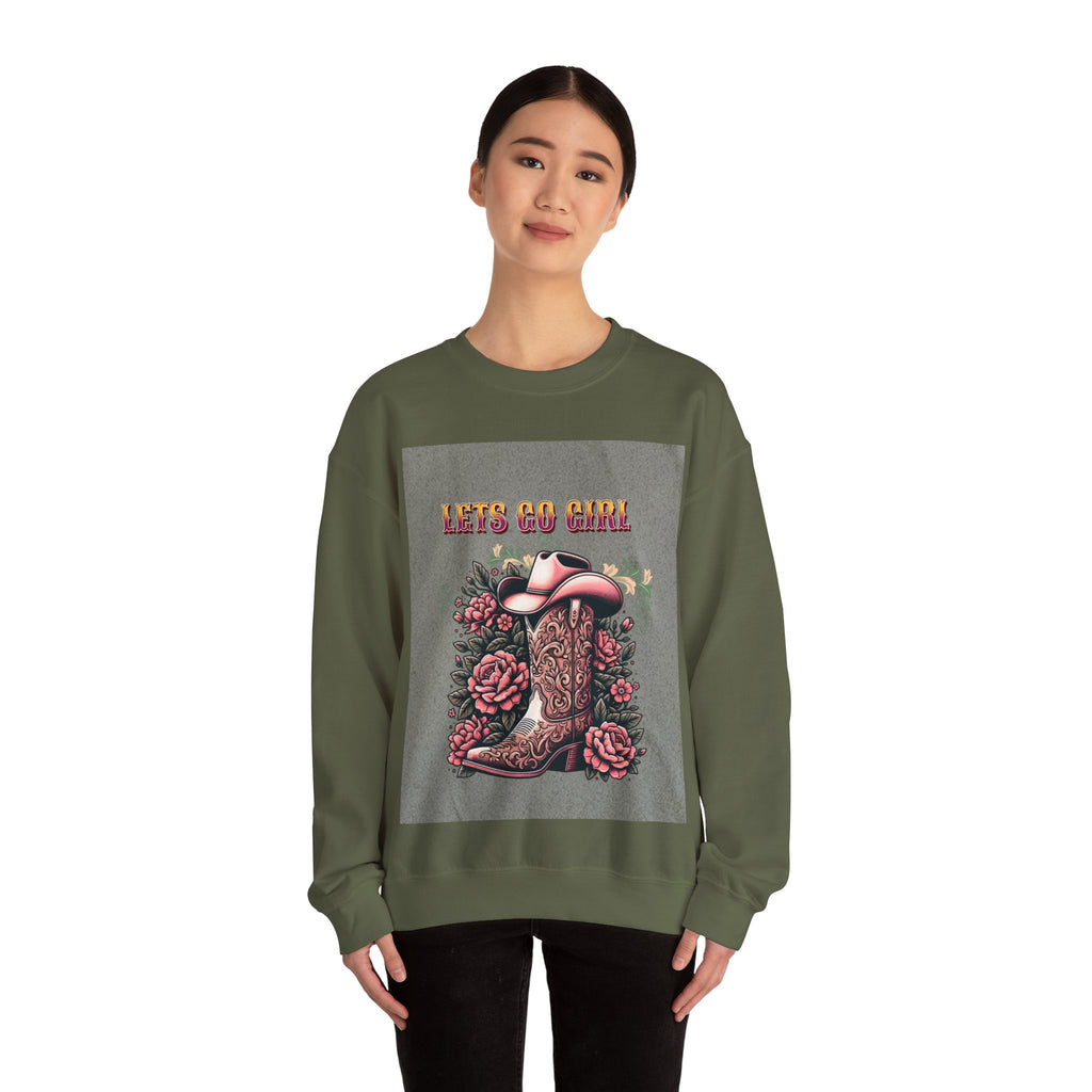 Cowgirl Boots Sweatshirt, Let’s Go Girl Crewneck, Western Style Apparel, Cozy Gift for Her, Trendy Graphic Sweatshirt