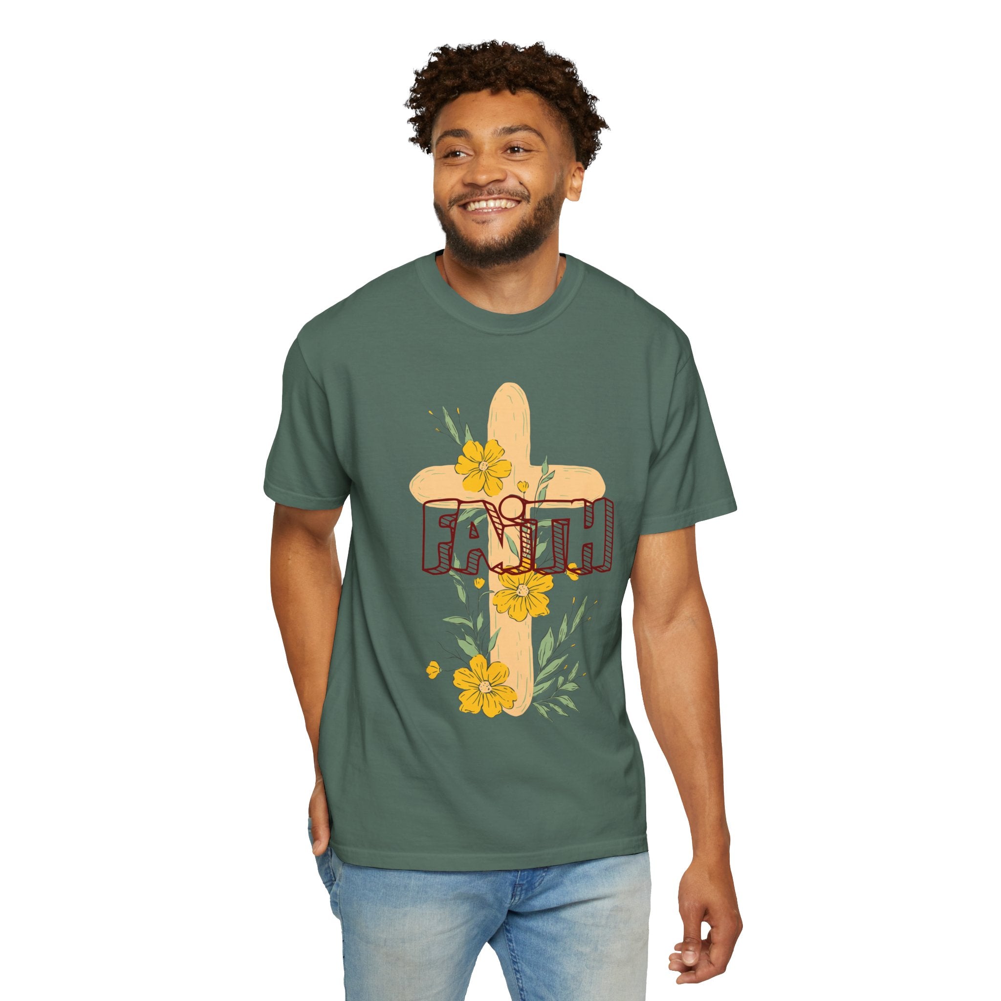 Faith Cross Floral T-Shirt — Christian Inspirational Tee with Yellow Flowers