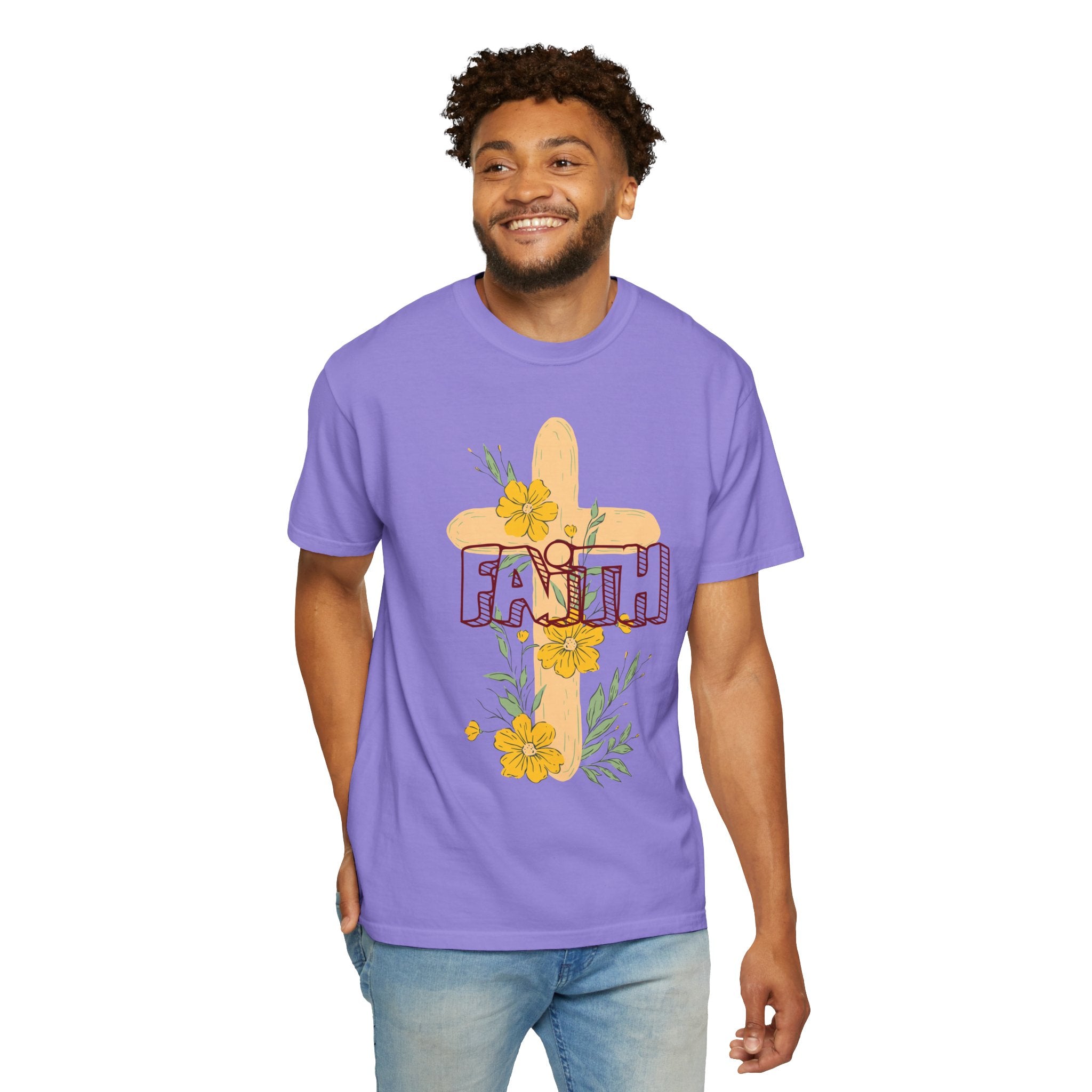 Faith Cross Floral T-Shirt — Christian Inspirational Tee with Yellow Flowers