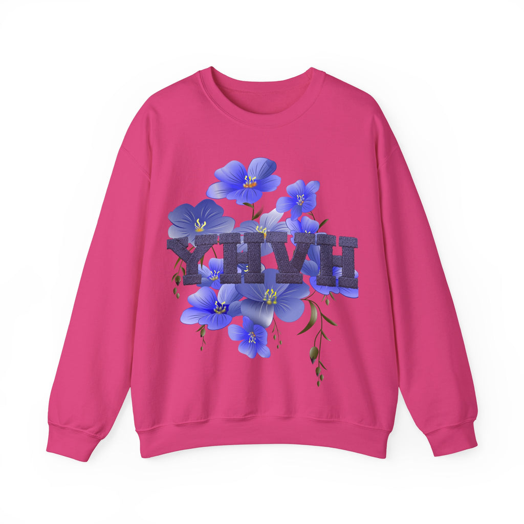 Crewneck Sweatshirt - Blue Violet Floral Graphic with 'KHVH' Lettering