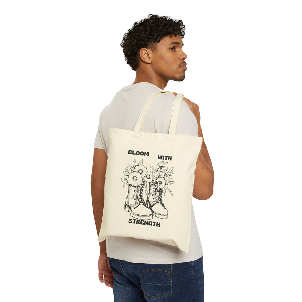 Canvas Tote Bag — "Bloom With Strength" Floral Boots Inspirational Market Tote