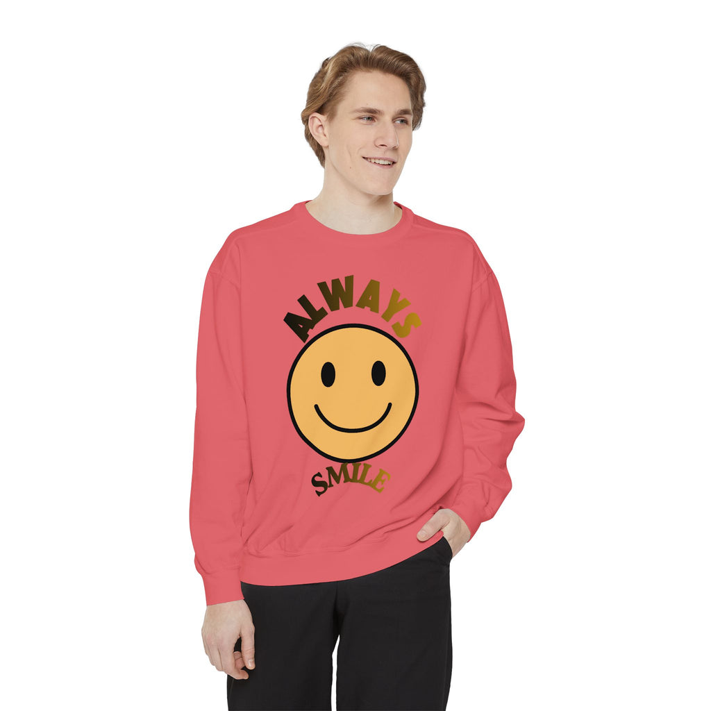 Smiley Face Sweatshirt - Always Smile, Unisex Garment-Dyed Sweatshirt, Cozy Casual Wear, Fall Layering, Gift for Friends, Cheerful Apparel
