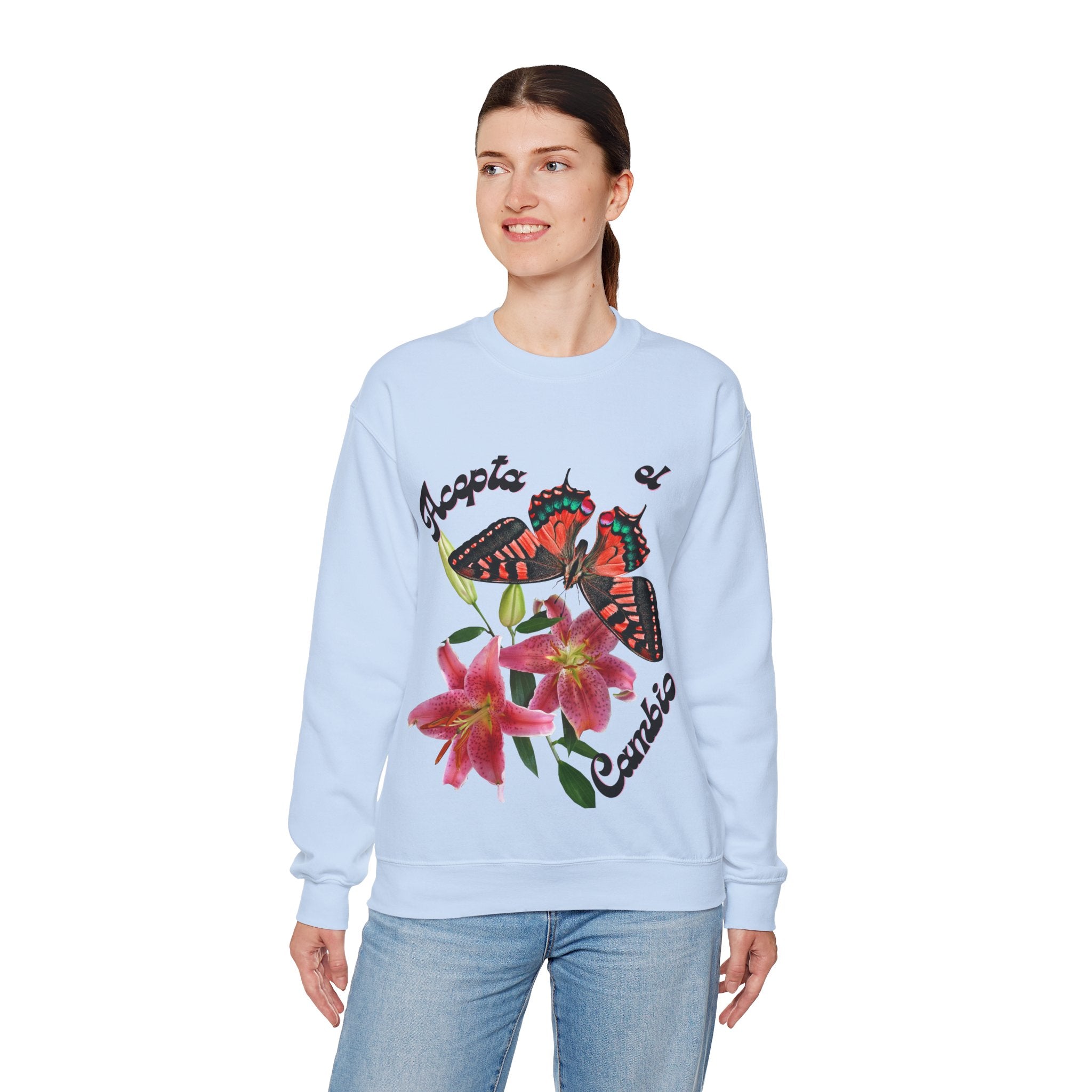 Butterfly & Floral Crewneck Sweatshirt - Accepta el Cambio, Cozy Fall Sweater, Gift for Nature Lovers, Inspirational Apparel, Unisex Fashion