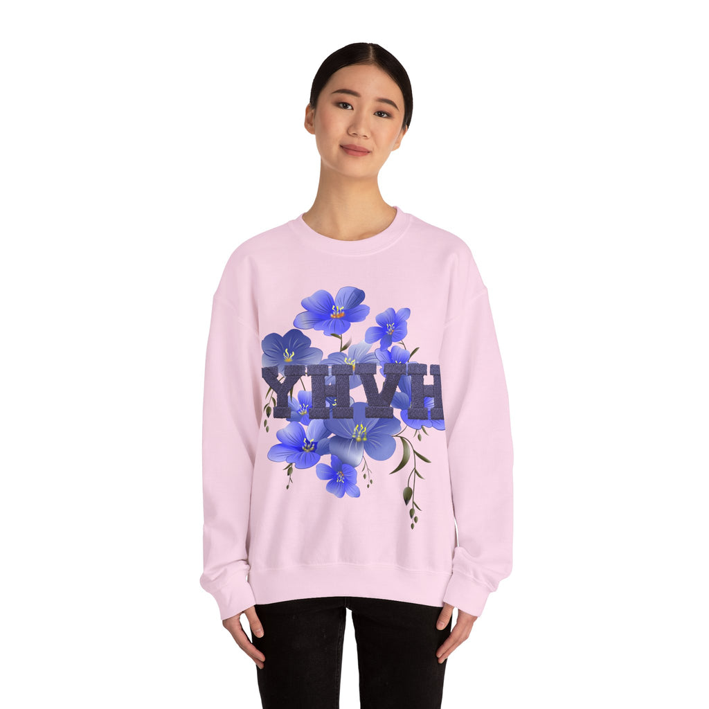 Crewneck Sweatshirt - Blue Violet Floral Graphic with 'KHVH' Lettering
