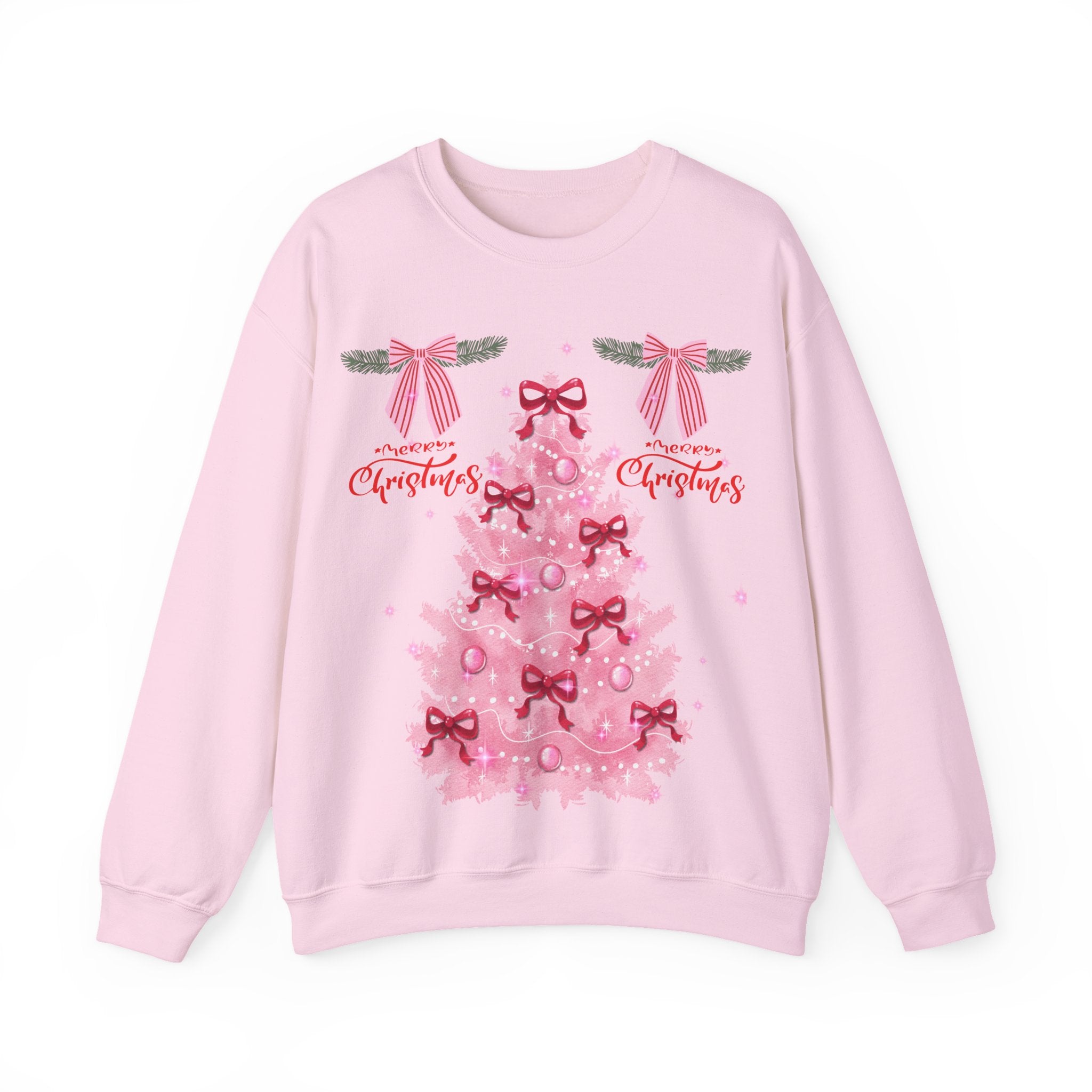 Pink Christmas Tree Sweatshirt — 'Merry Christmas' Bow Holiday Crewneck