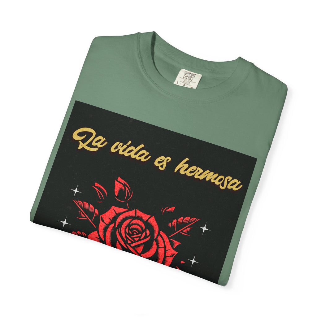 Vibrant Graphic Tee - 'La Vida es Hermosa' Rose Design, Unisex Cotton T-shirt, Gift for Friends, Positive Vibes, Casual Wear, Summer Style