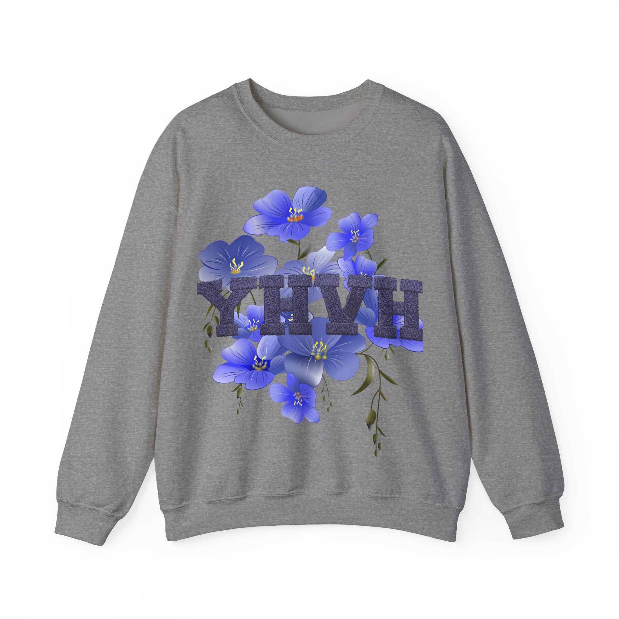 Crewneck Sweatshirt - Blue Violet Floral Graphic with 'KHVH' Lettering