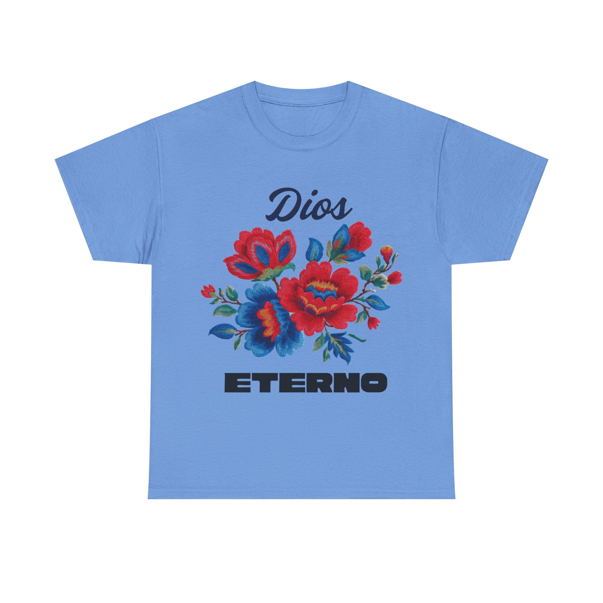 Dios Eterno Floral T-Shirt — Spanish Faith Tee with Red & Blue Blooms