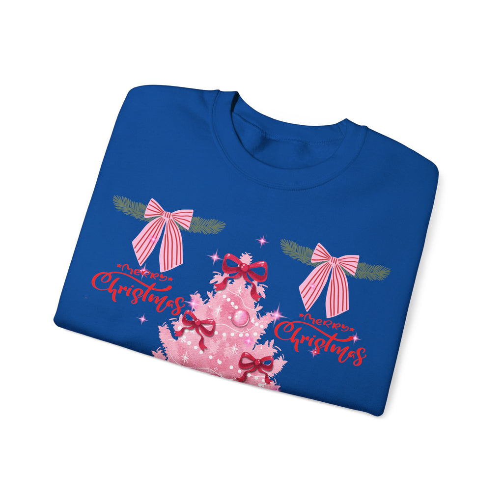 Pink Christmas Tree Sweatshirt — 'Merry Christmas' Bow Holiday Crewneck