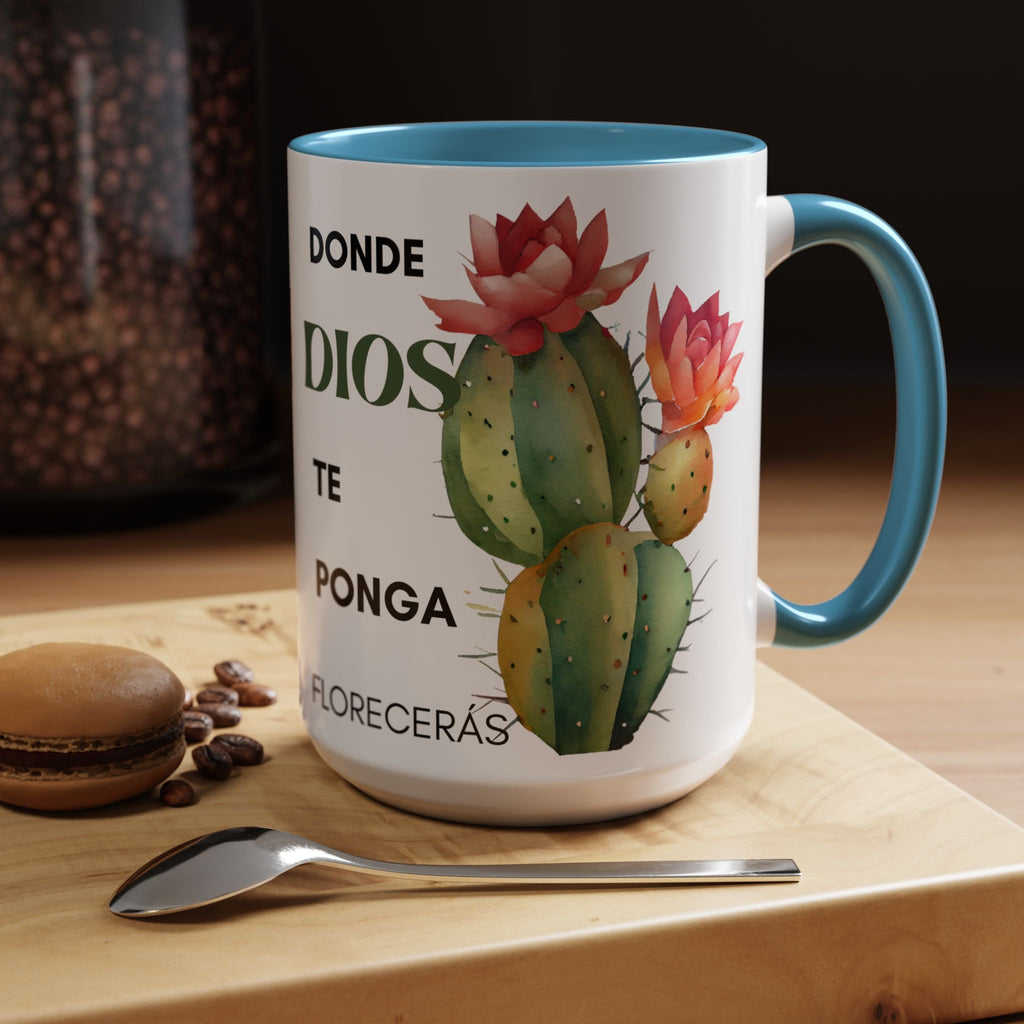 Cactus Floral Accent Coffee Mug – ‘Donde Dios Te Ponga Florecerás’ Spanish Inspirational Mug