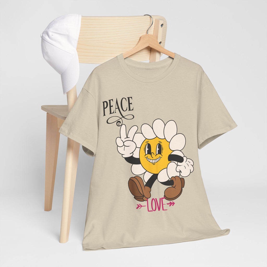 Peace & Love Daisy Character T-Shirt — Retro Smiley Flower Tee