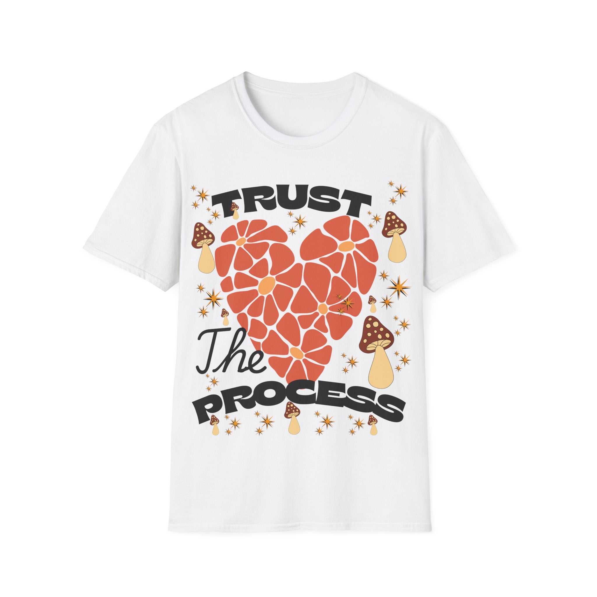 Trust The Process Heart T-Shirt — Positive Motivation Tee with Mushroom & Mosaic Heart Design