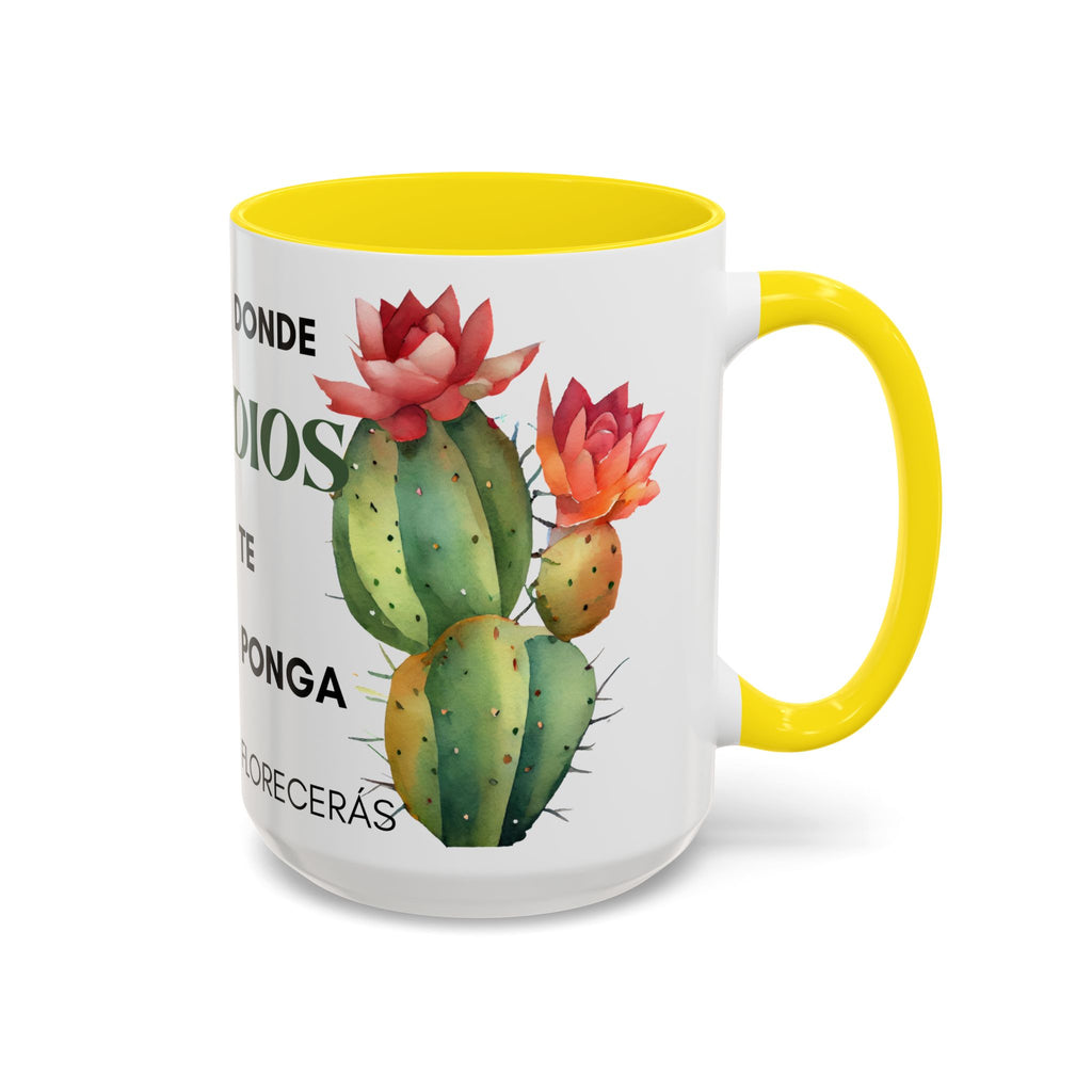 Cactus Floral Accent Coffee Mug – ‘Donde Dios Te Ponga Florecerás’ Spanish Inspirational Mug