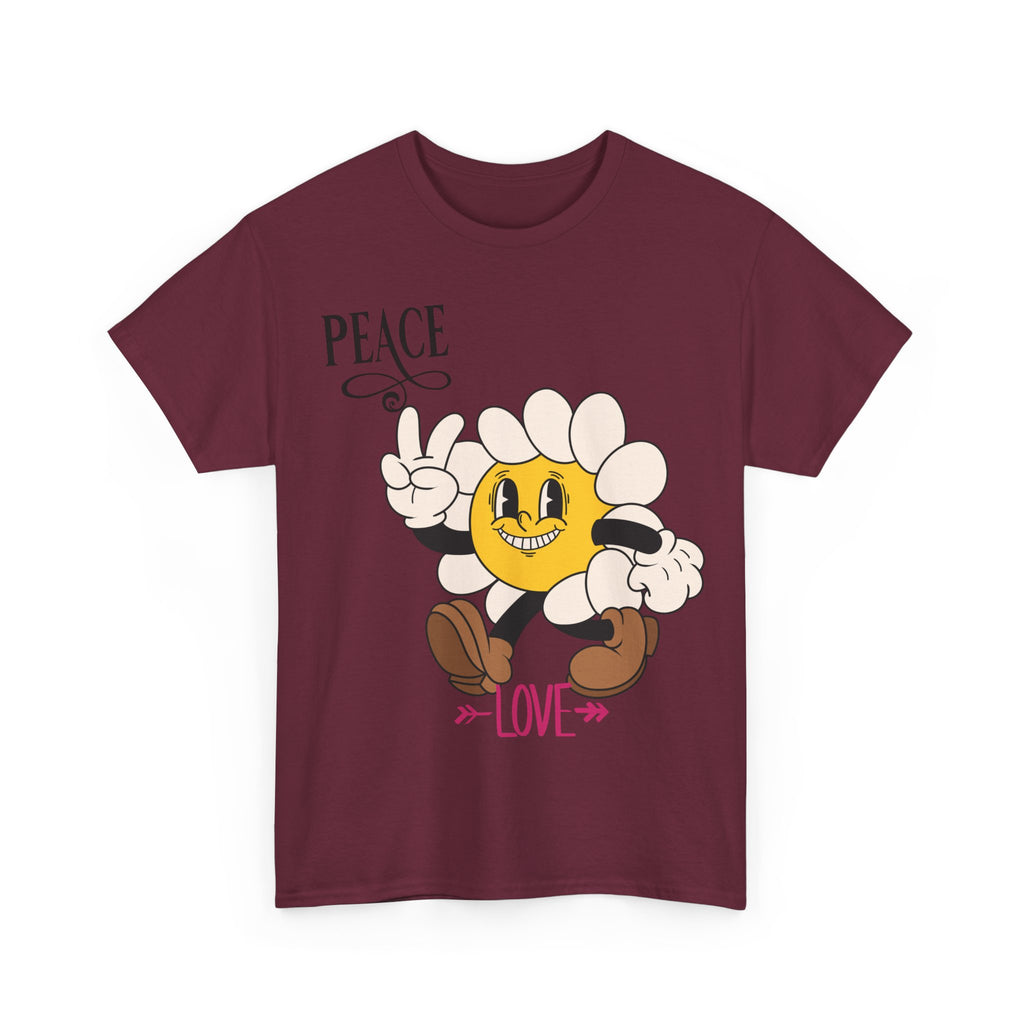 Peace & Love Daisy Character T-Shirt — Retro Smiley Flower Tee