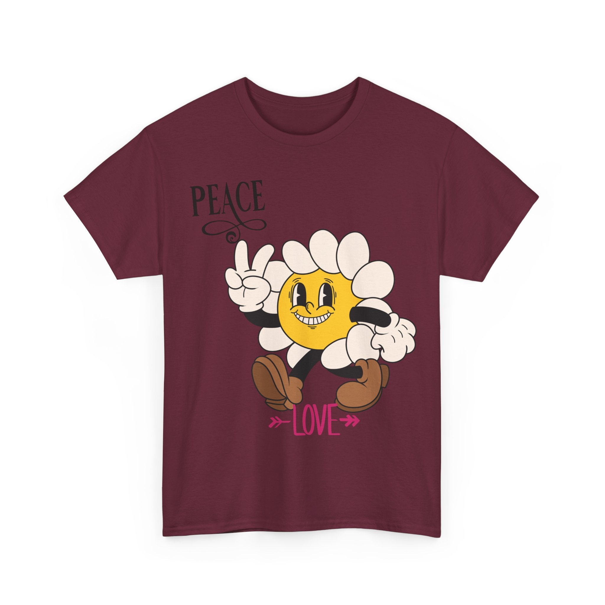 Peace & Love Daisy Character T-Shirt — Retro Smiley Flower Tee
