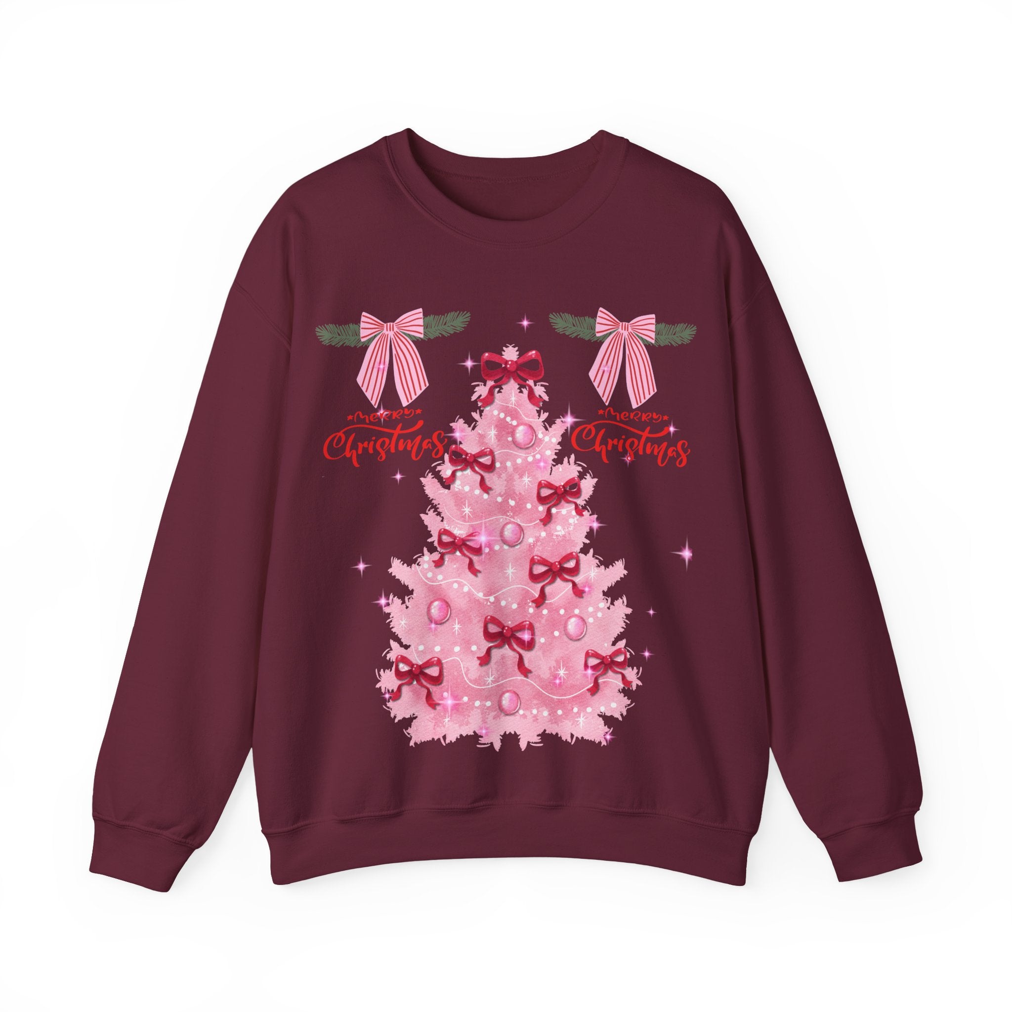 Pink Christmas Tree Sweatshirt — 'Merry Christmas' Bow Holiday Crewneck