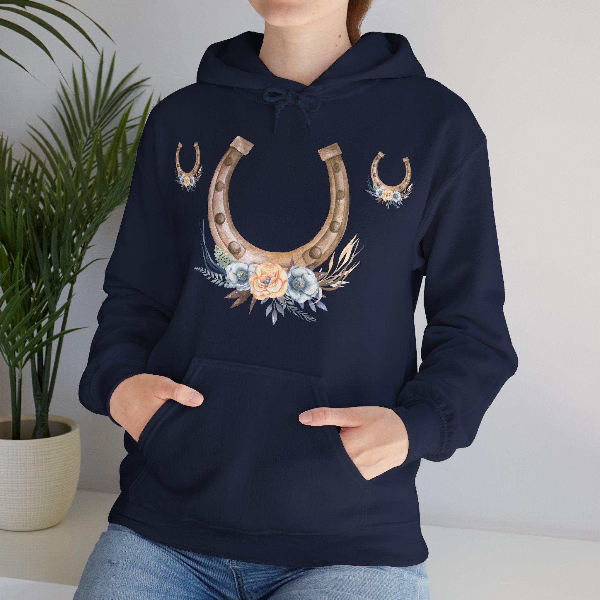 Equestrian Floral Horseshoe Hoodie, Cozy Unisex Sweatshirt, Gifts for Horse Lovers, Country Style Apparel, Birthday Gift, Festival Wear