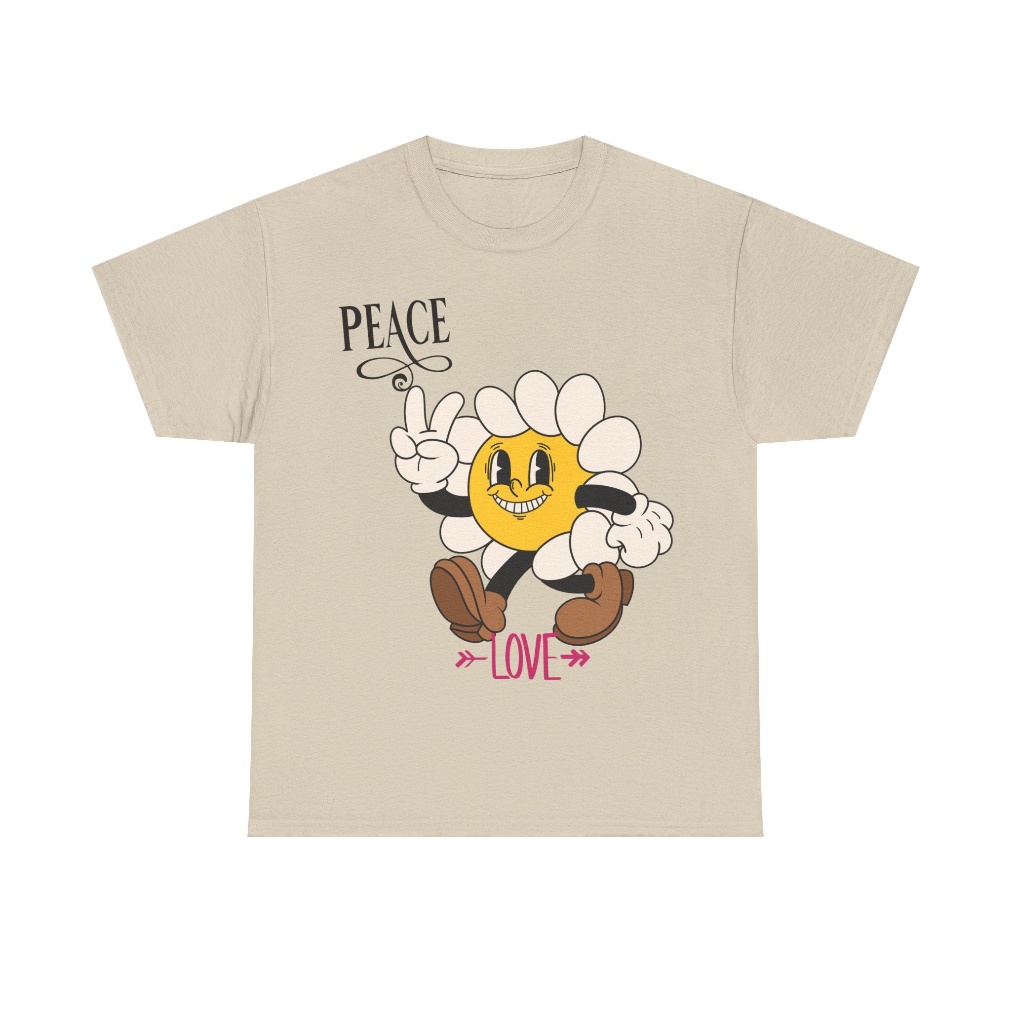 Peace & Love Daisy Character T-Shirt — Retro Smiley Flower Tee