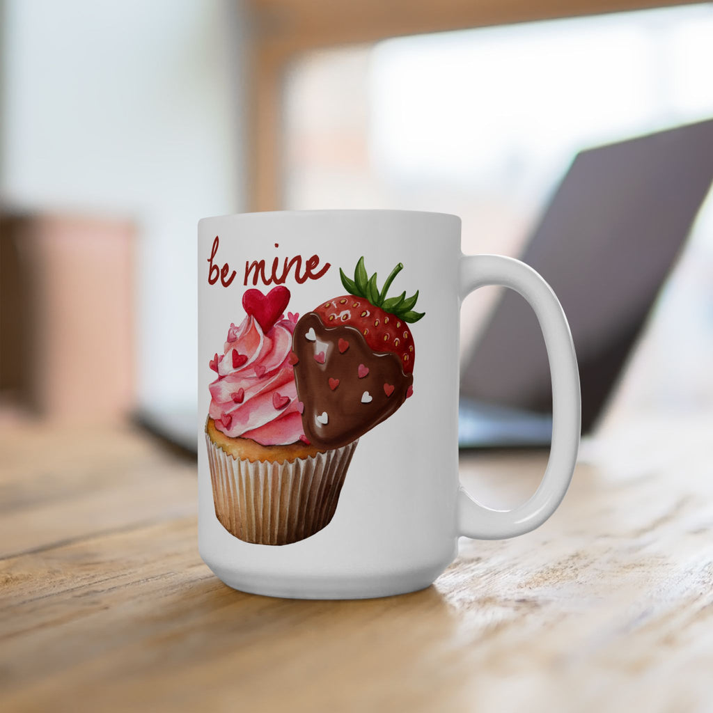 Valentine’s Dessert Mug – 'Be My Sweet' Chocolate-Covered Strawberry & Cupcake Ceramic Coffee Mug