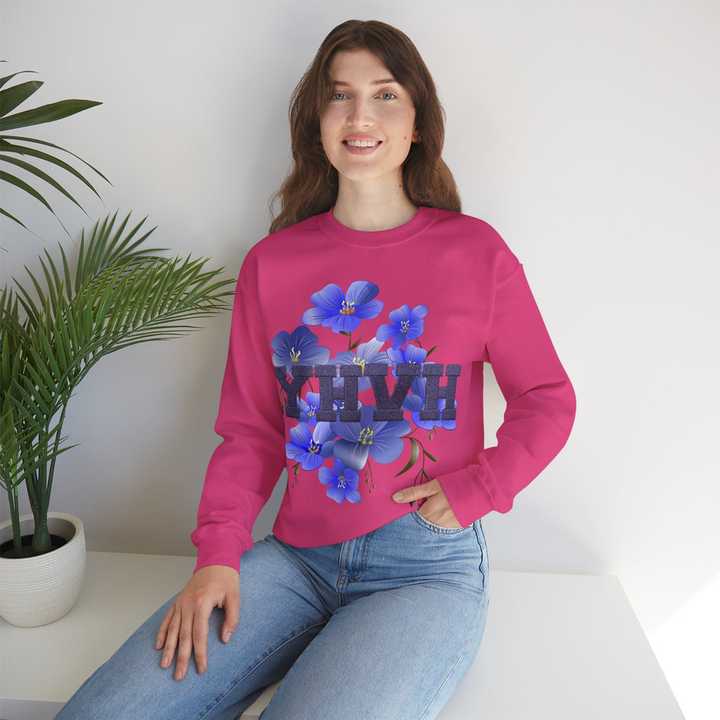 Crewneck Sweatshirt - Blue Violet Floral Graphic with 'KHVH' Lettering