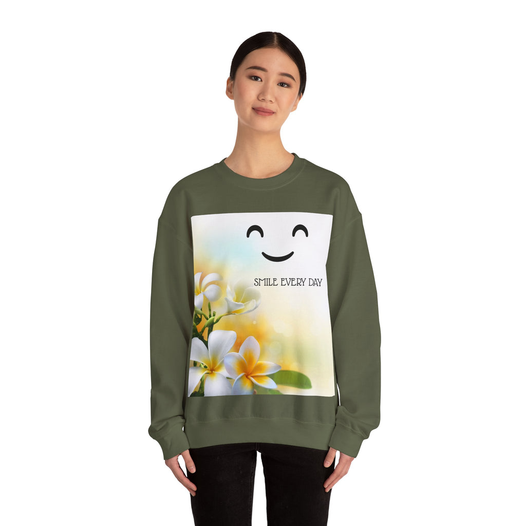 Smile Every Day Crewneck Sweatshirt — Floral Plumeria Happy Face Graphic