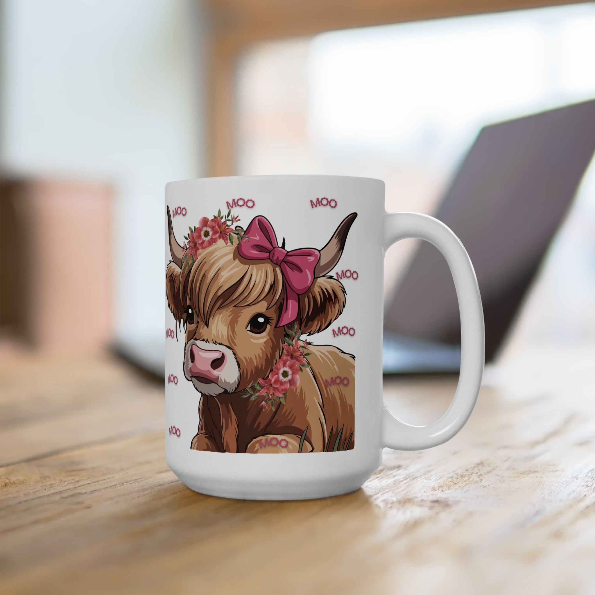 Highland Cow Ceramic Mug (11oz/15oz) — Cute Floral ‘Moo’ Cow Coffee Cup