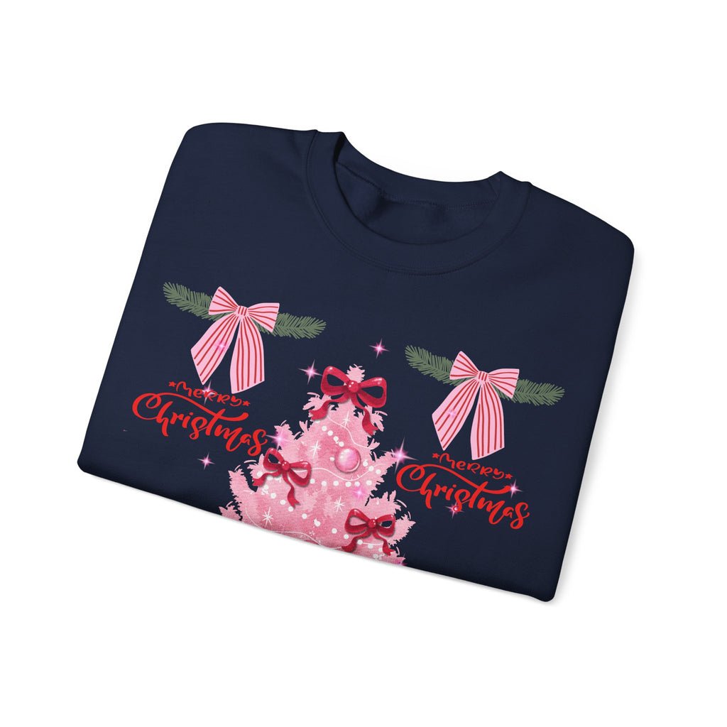 Pink Christmas Tree Sweatshirt — 'Merry Christmas' Bow Holiday Crewneck