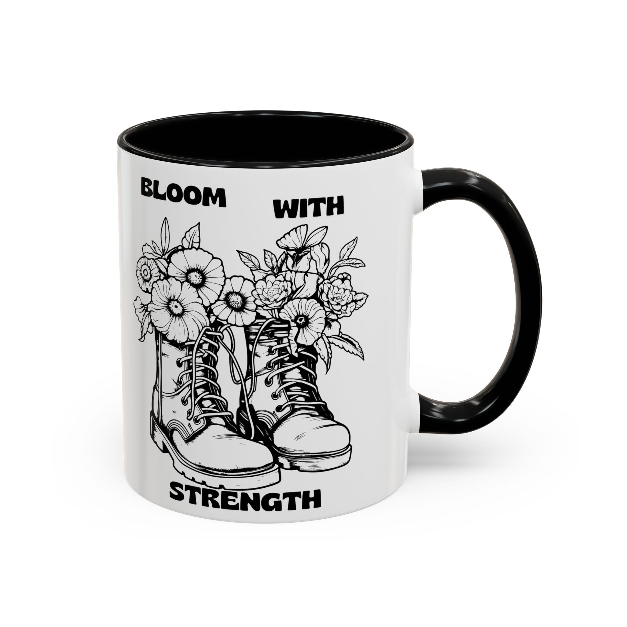 Bloom With Strength Coffee Mug — Floral Boots Inspirational Accent Mug (11/15oz)