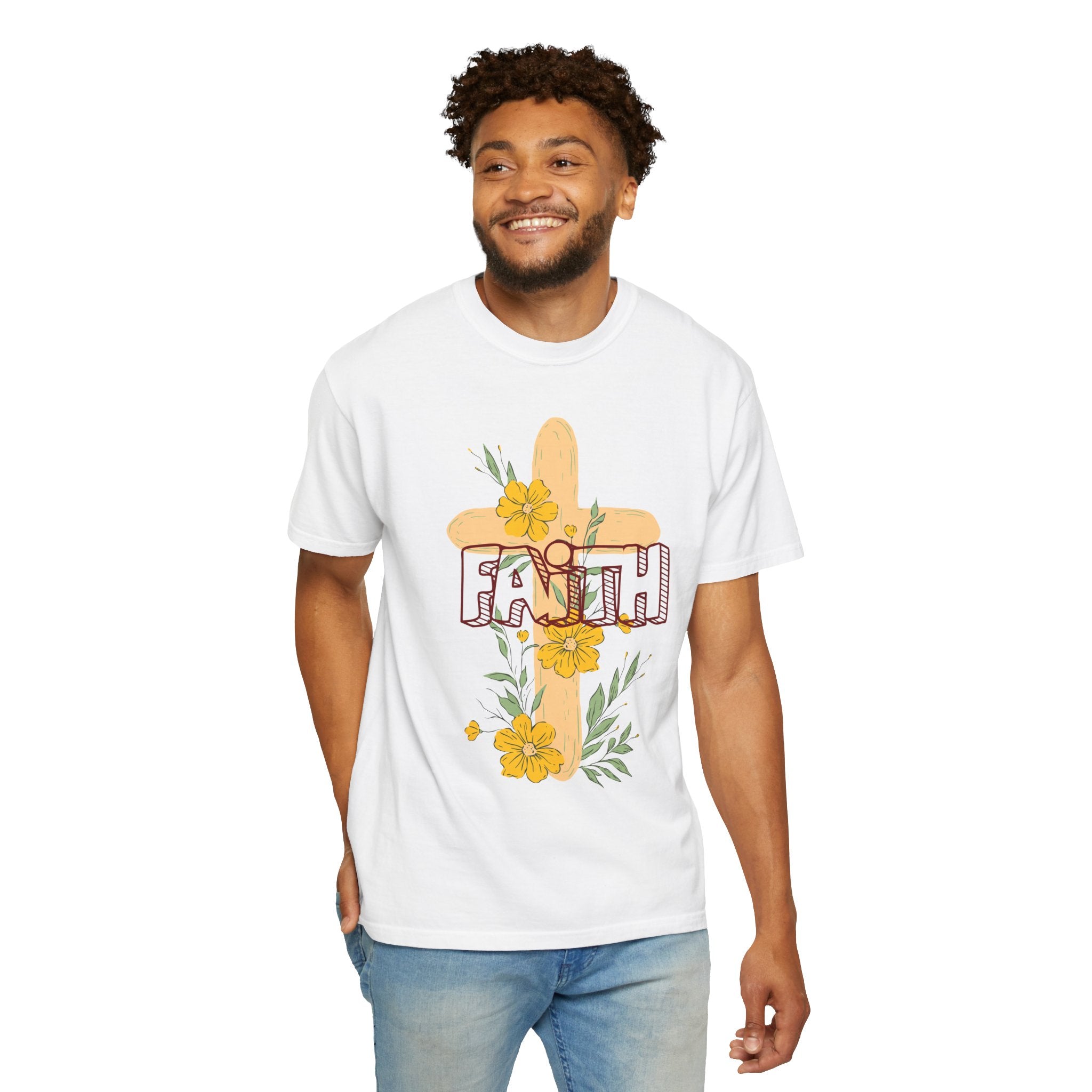 Faith Cross Floral T-Shirt — Christian Inspirational Tee with Yellow Flowers
