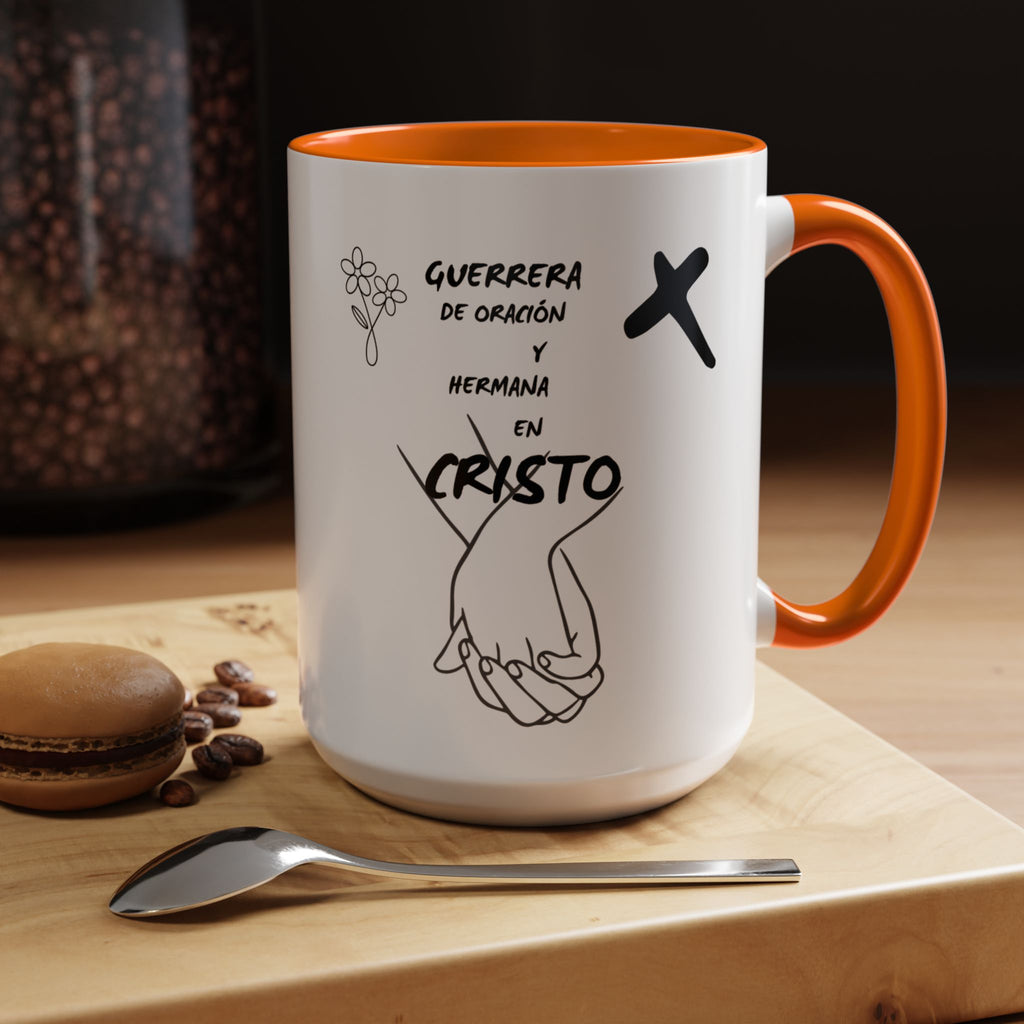 Christian Prayer Warrior Mug — "Guerrera de Oración y Hermana en Cristo" Accent Coffee Cup (11/15oz)