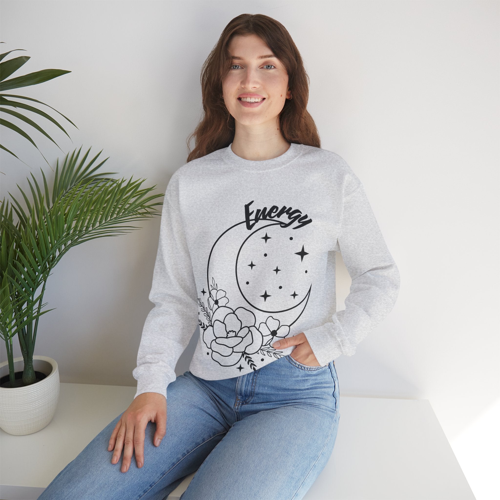 Celestial Energy Sweatshirt, Moon and Flowers Crewneck, Cozy Unisex Top, Astrology Gift, Spiritual Apparel, Birthday Gift, Everyday Wear