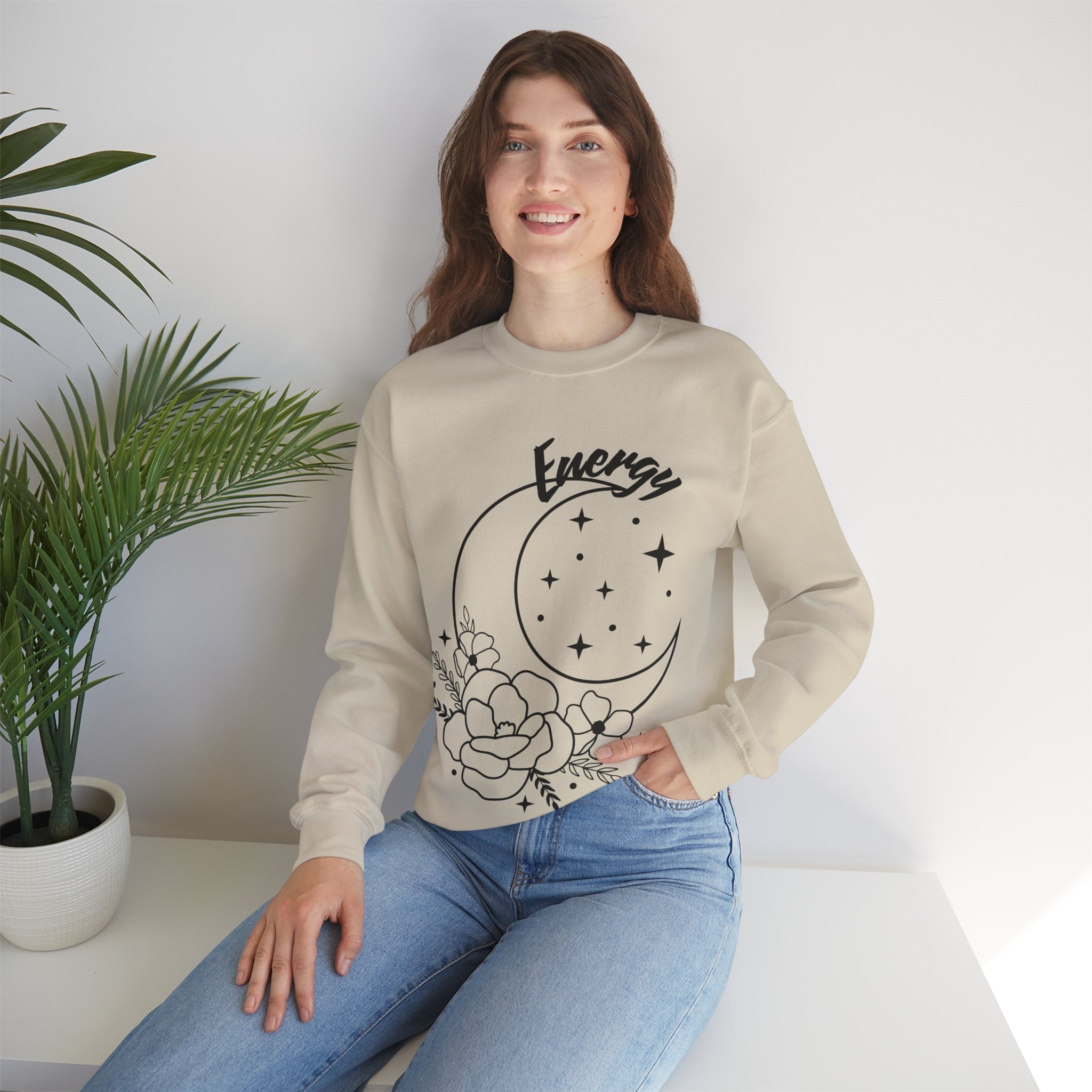 Celestial Energy Sweatshirt, Moon and Flowers Crewneck, Cozy Unisex Top, Astrology Gift, Spiritual Apparel, Birthday Gift, Everyday Wear