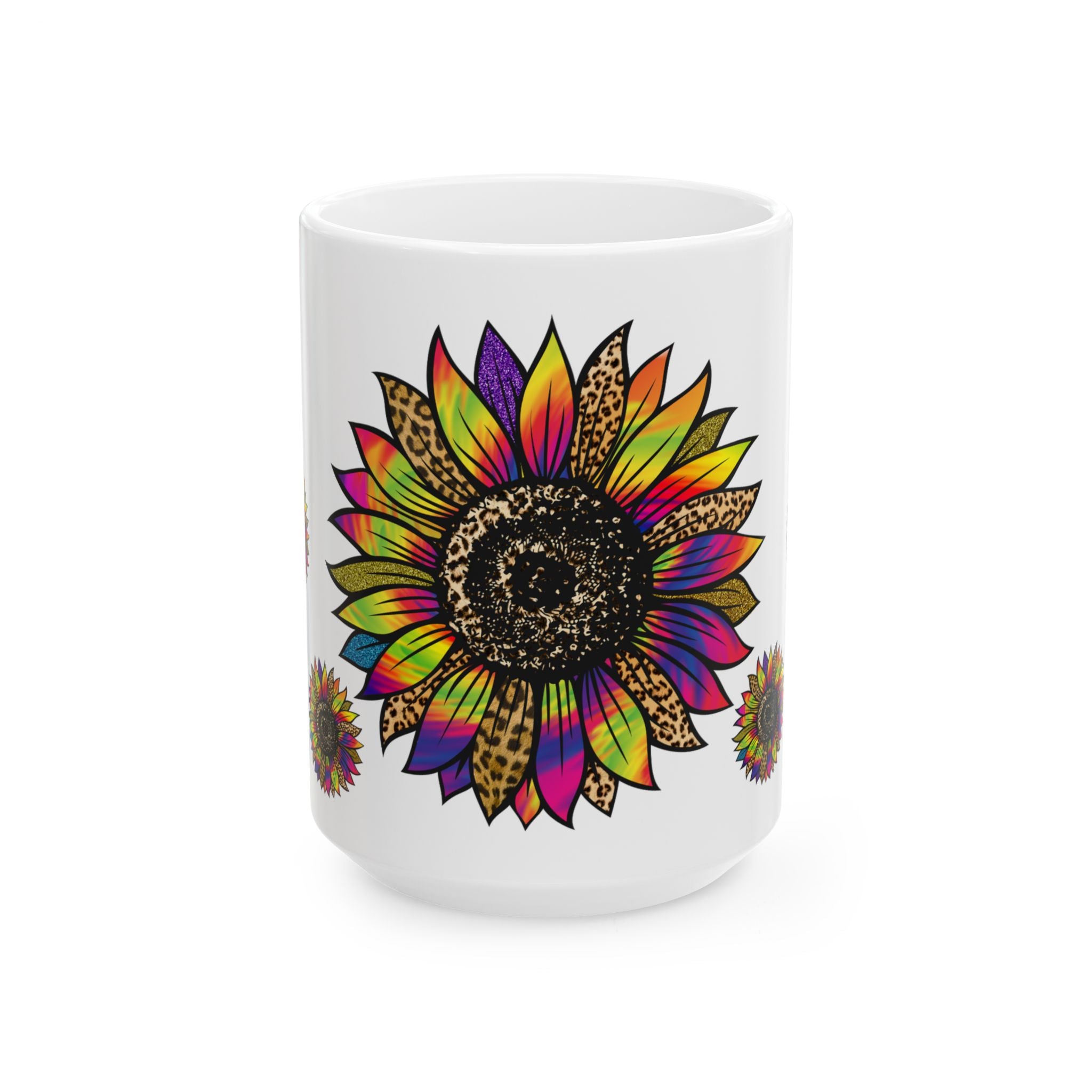 Rainbow Leopard Sunflower Ceramic Mug — Colorful Floral Coffee Cup (11oz, 15oz)
