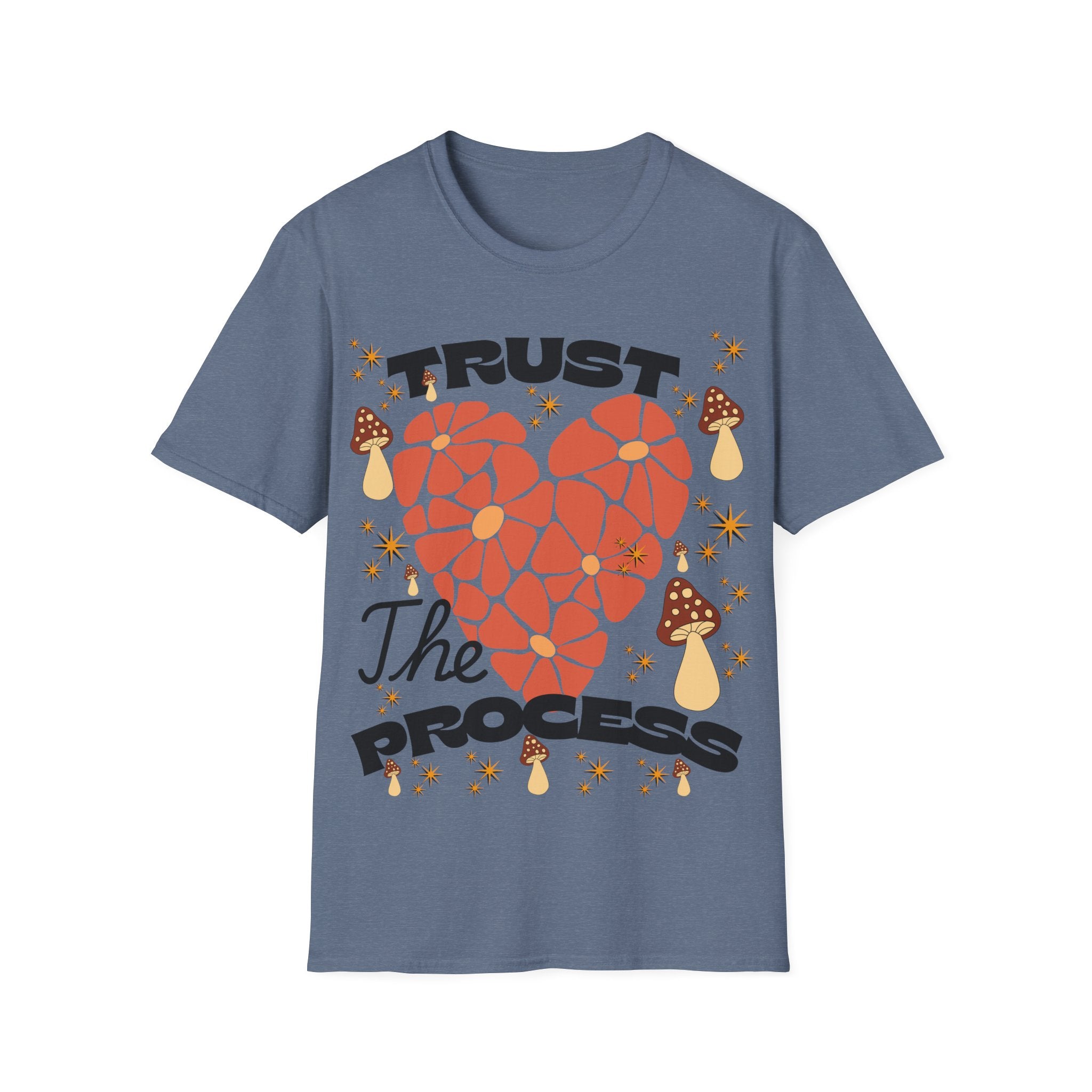 Trust The Process Heart T-Shirt — Positive Motivation Tee with Mushroom & Mosaic Heart Design