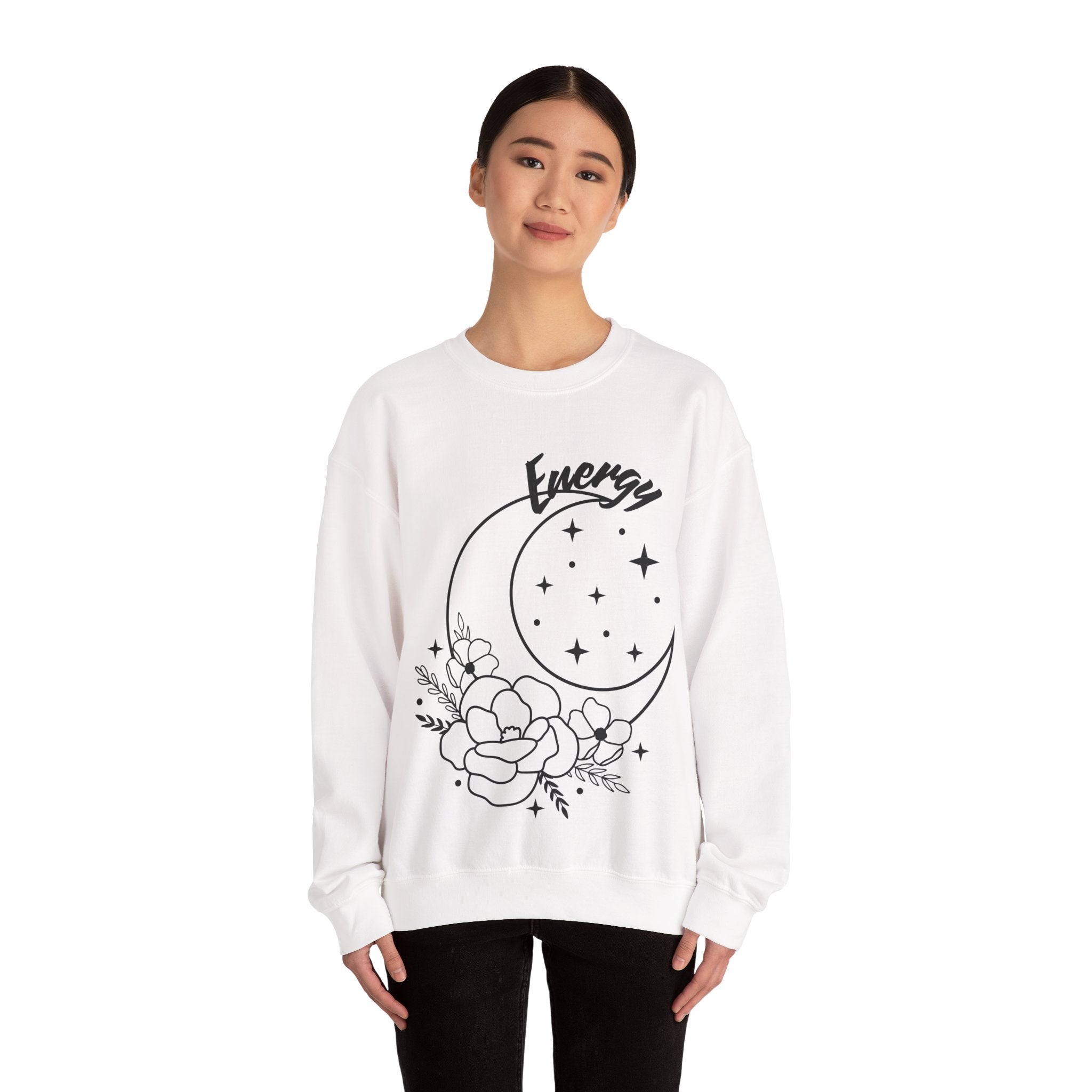 Celestial Energy Sweatshirt, Moon and Flowers Crewneck, Cozy Unisex Top, Astrology Gift, Spiritual Apparel, Birthday Gift, Everyday Wear