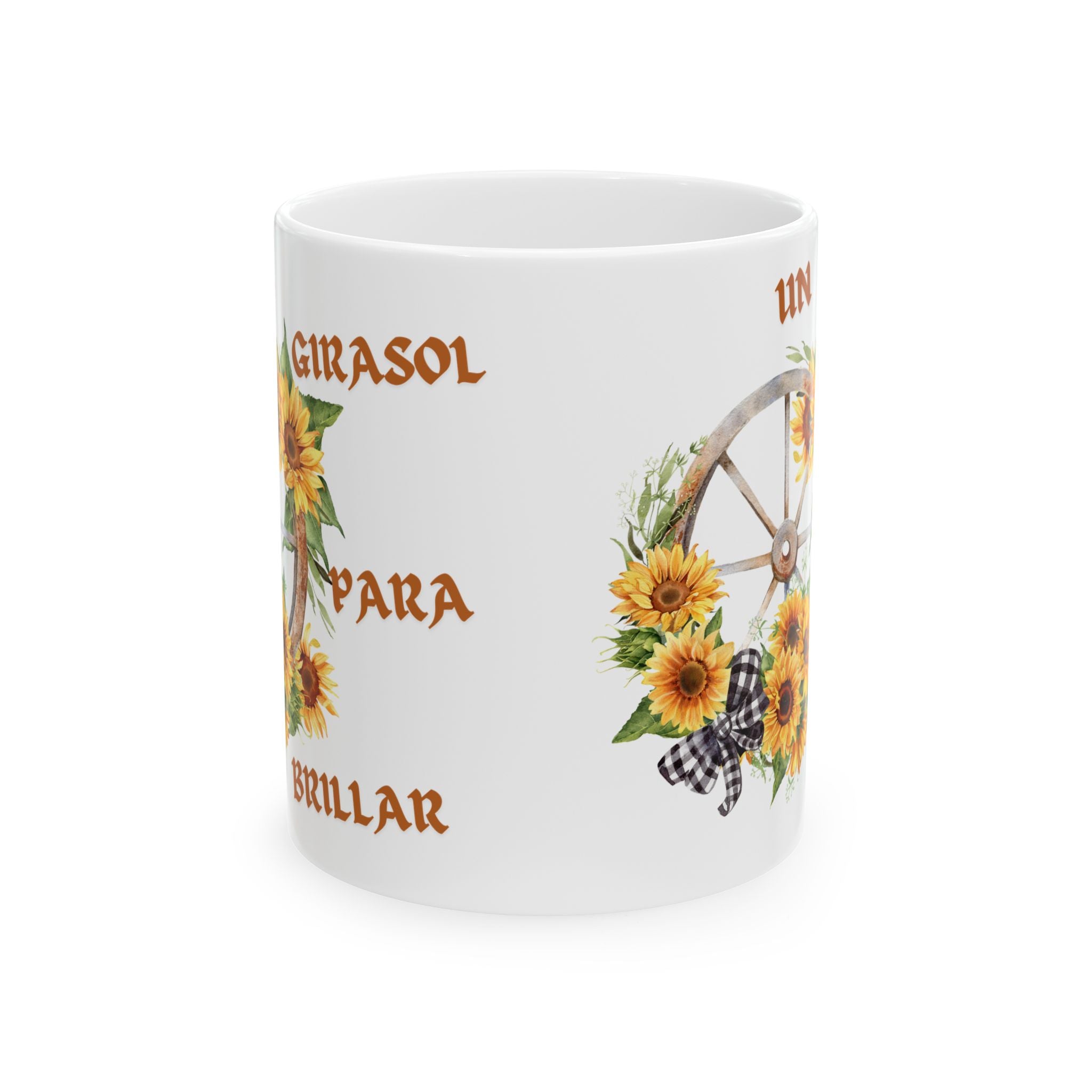 Sunflower Wagon Wheel Ceramic Mug — "Un Girasol Para Brillar" Spanish Floral Coffee Cup (11oz/15oz)