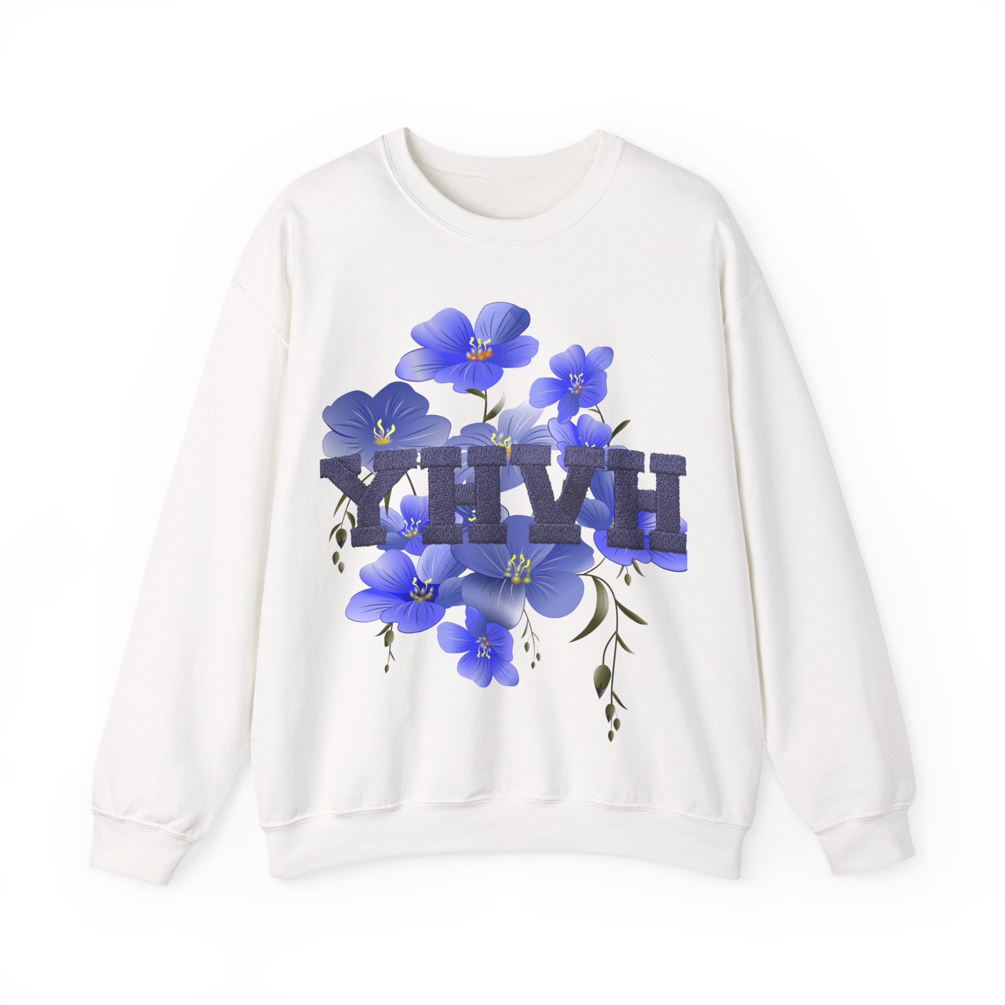 Crewneck Sweatshirt - Blue Violet Floral Graphic with 'KHVH' Lettering