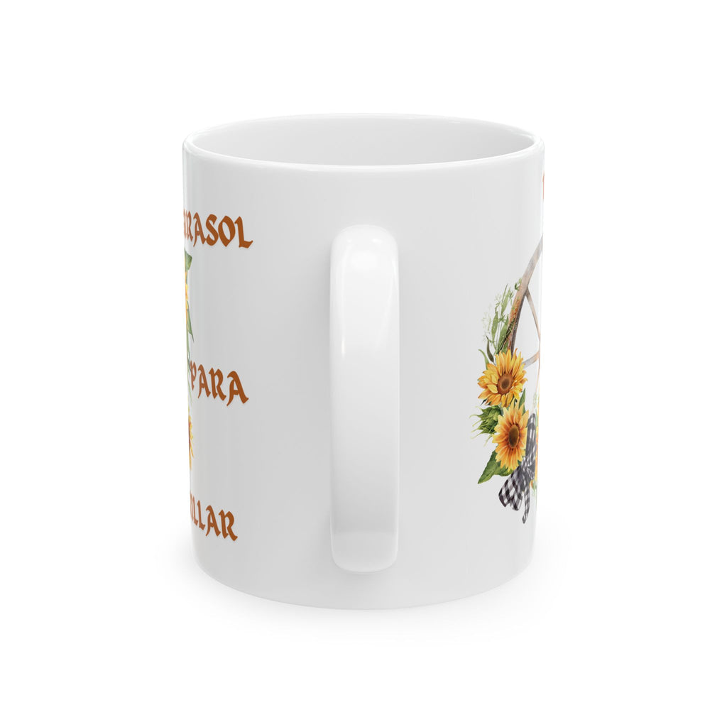 Sunflower Wagon Wheel Ceramic Mug — "Un Girasol Para Brillar" Spanish Floral Coffee Cup (11oz/15oz)